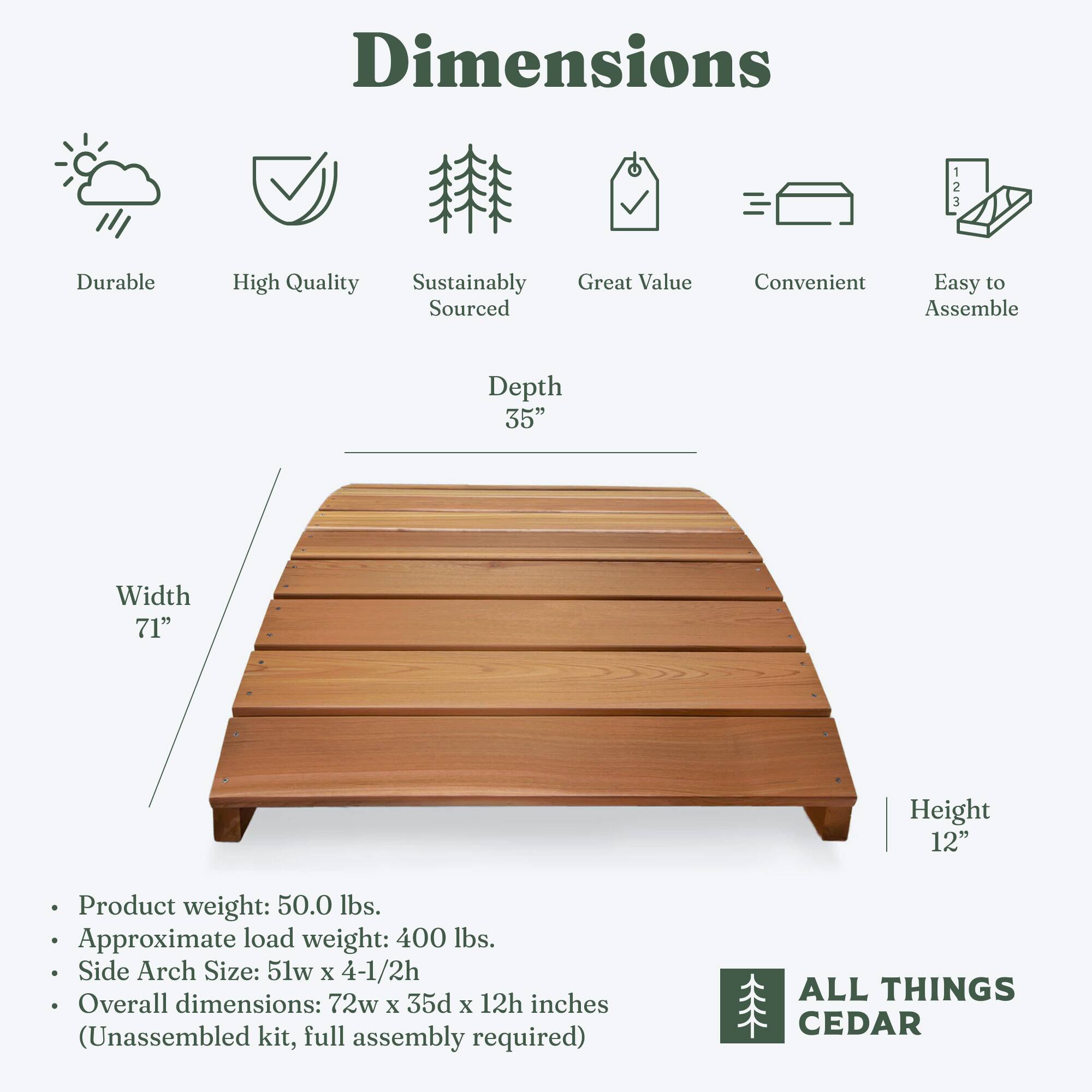 **Dimensions**

- **Durable**
- **High Quality**
- **Sustainably Sourced**
- **Great Value**
- **Convenient**
- **Easy to Assemble**

**Depth:** 35"  
**Width:** 71"  
**Height:** 12"

---

- **Product weight:** 50.0 lbs.
- **Approximate load weight:** 400 lbs.
- **Side Arch Size:** 51w x 4-1/2h
- **Overall dimensions:** 72w x 35d x 12h inches (Unassembled kit, full assembly required)

**ALL THINGS CEDAR**