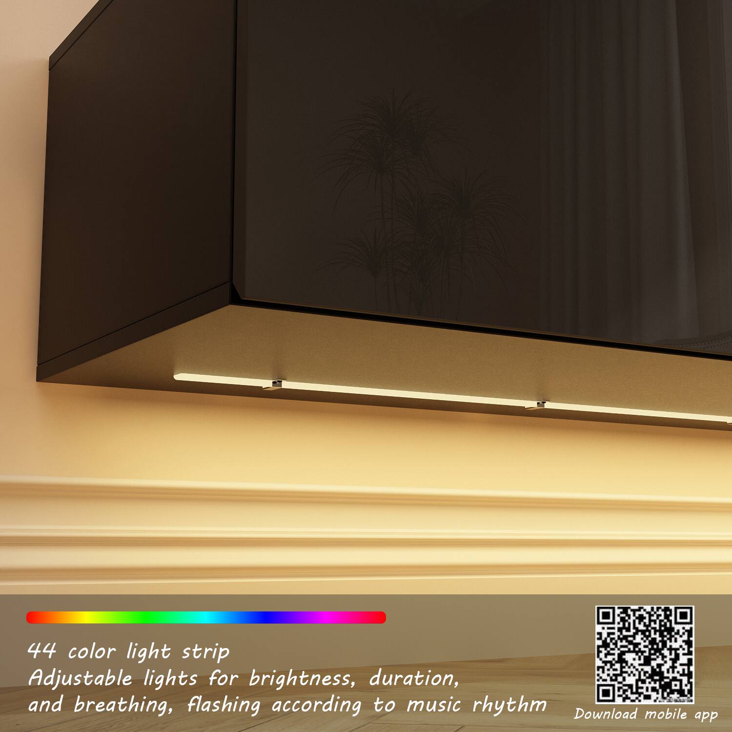 44 color light strip Adjustable lights for brightness, duration, and breathing, flashing according to music rhythm Download mobile app