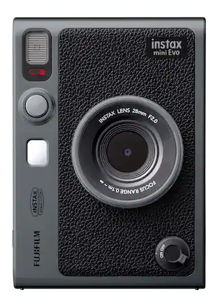 The image features a close-up of a Fujifilm Instax Mini Evo camera. The camera has a lens with a focal length of 28mm and an aperture of F2.0. It is part of the Instax system, which is a hybrid camera that allows for both digital and instant film photography. The camera has a range of 8 to 1 meter and offers focus options for both on and off.