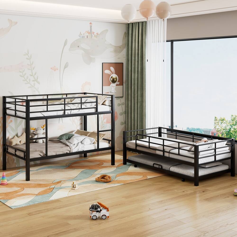 Angle. Loheer - Loheer Metal Twin Size Triple Bunk Bed with Trundle Black Heavy Duty Steel 3 Tier Bunk Bed Space-Saving Design - Black.