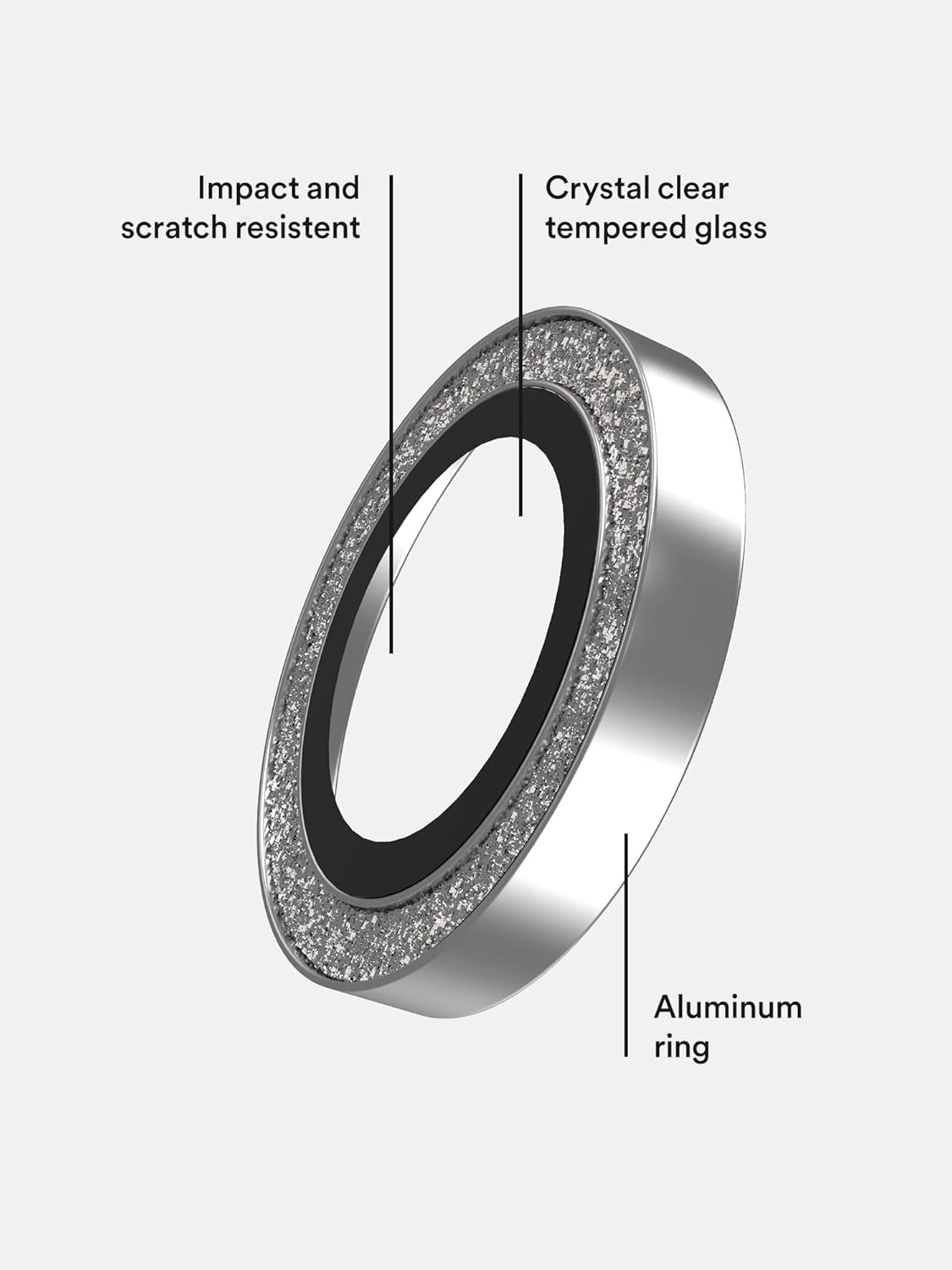 Impact and scratch resistant  
Crystal clear tempered glass  
Aluminum ring