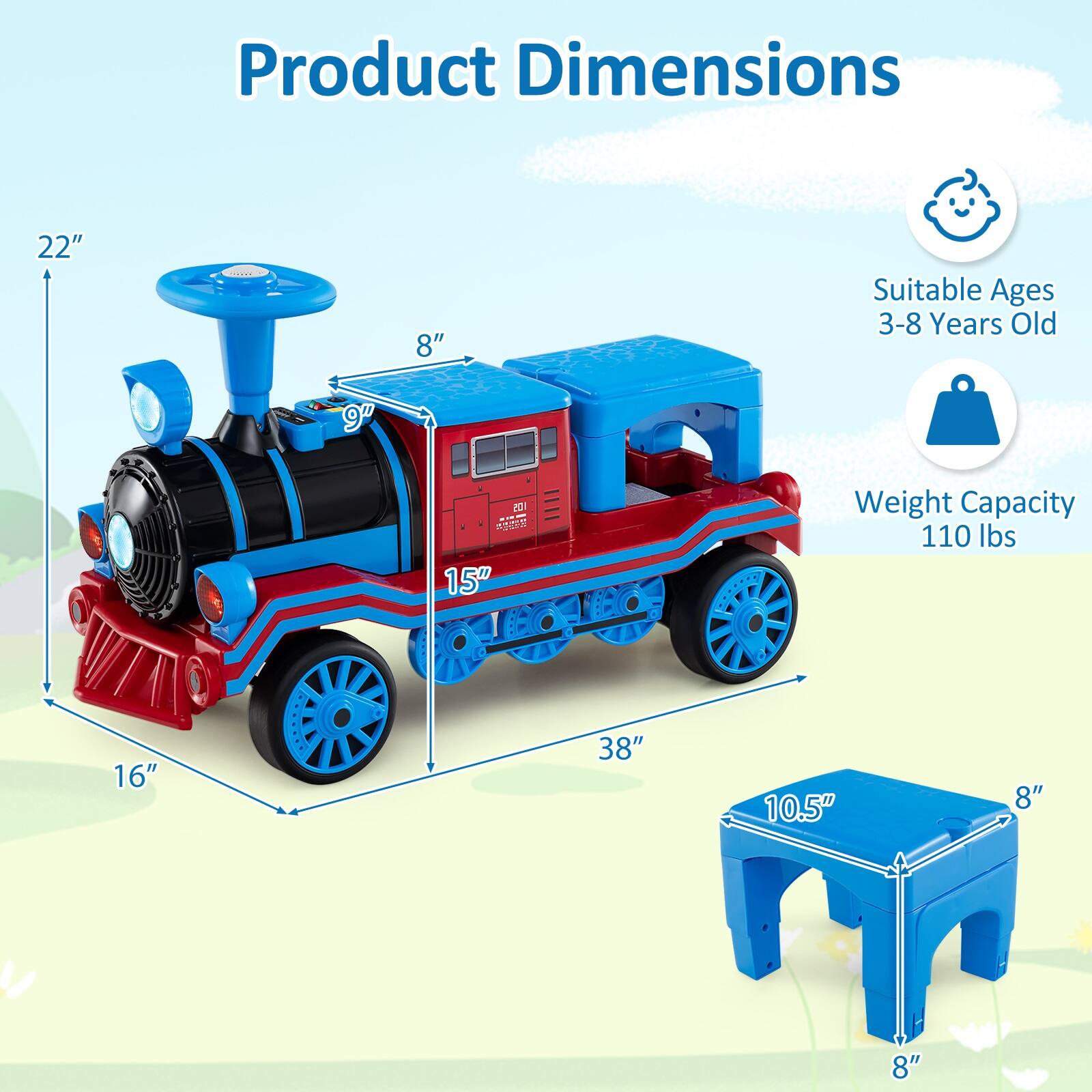 Product Dimensions  
22" x 8" x 16" x 38" x 15" x 10.5" x 8" x 8"  

Suitable Ages  
3-8 Years Old  

Weight Capacity  
110 lbs