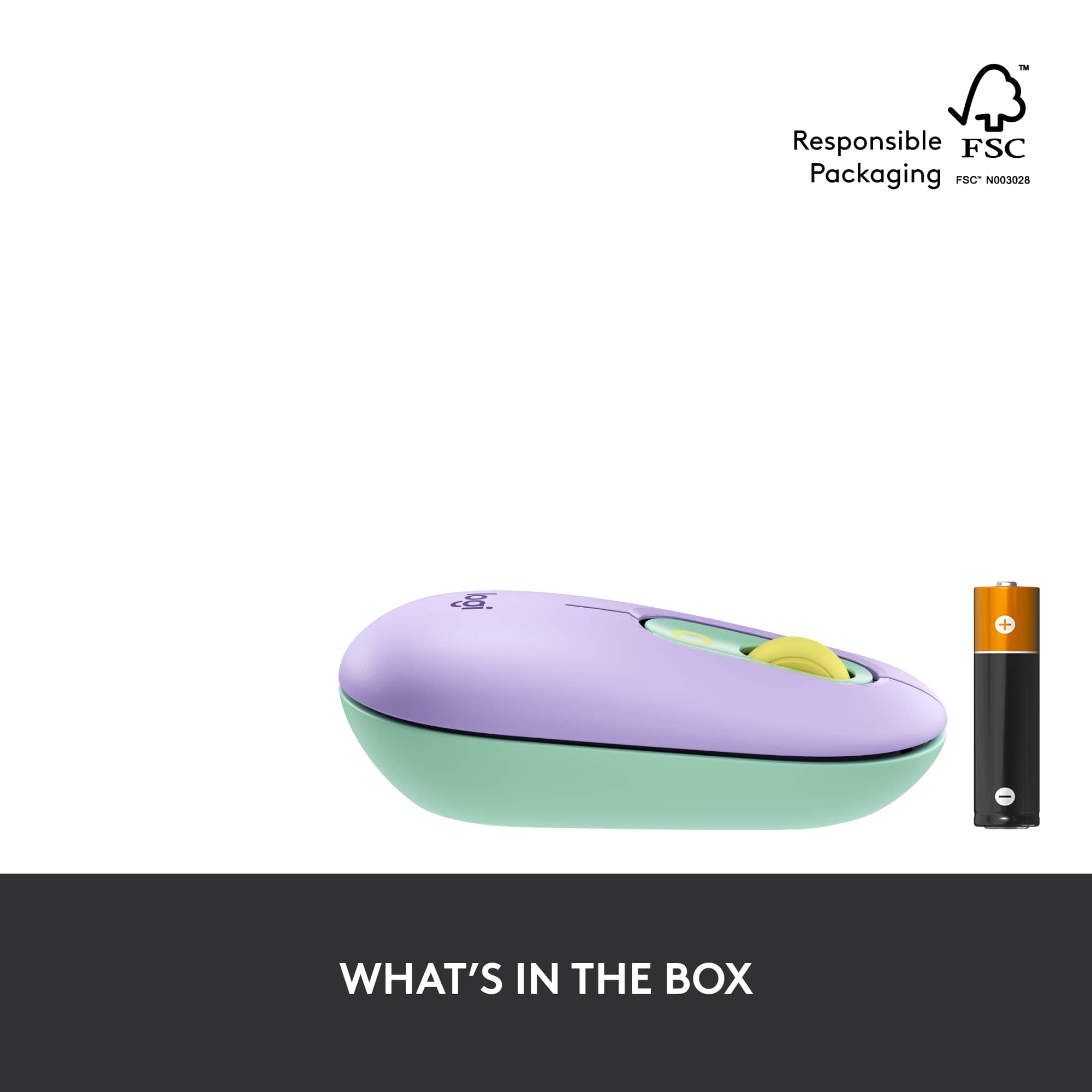 What's in the box: A purple and green computer mouse and a battery.