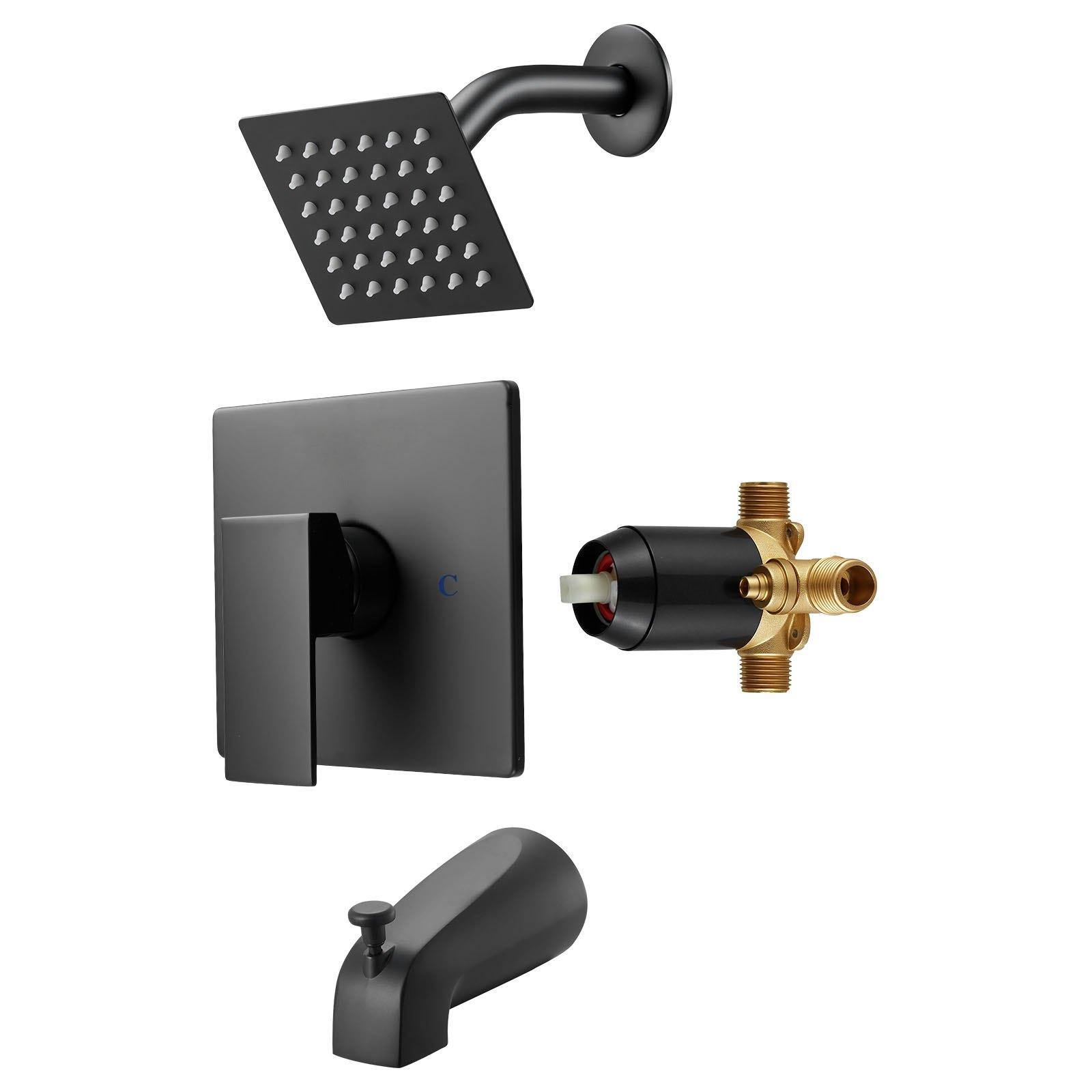 Alt View 8. Glintex - Tub and Shower Faucet Set, 4 in Rain Shower Head with Tub Spout, Single Spray, Single Handle with Stainless Valve - Matte Black.