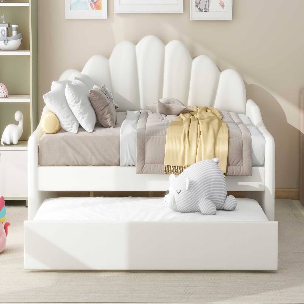 Alt View 1. Loheer - Loheer Full Size Upholstered Daybed with Trundle White Velvet Shell Shaped Backrest Sofa Bed - White.
