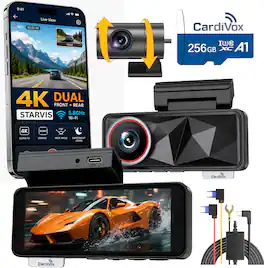CardiVox - 4k Dual Dash Cam Front and 2k Rear, Sony STARVIS Night Vision Dash Camera ADAS, WiFi GPS, Parking Mode, 256GB Included - Black