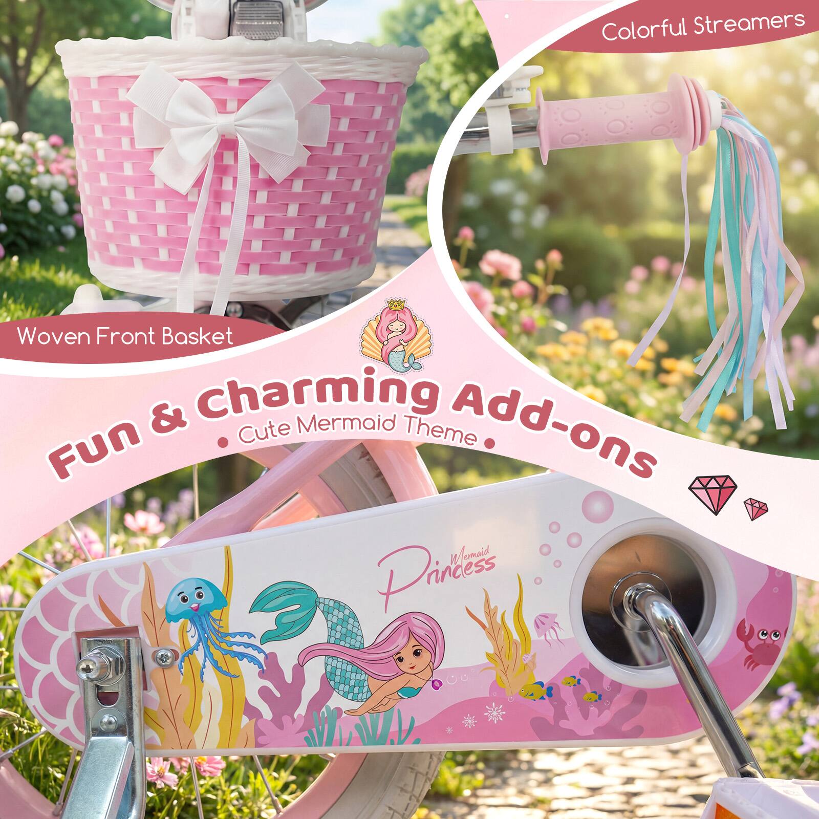 Colorful Streamers  
Woven Front Basket  
Fun & Charming Add-ons  
Cute Mermaid Theme  
Mermaid Princess