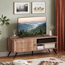 WELLFOR - Mid Century Modern TV Stand for TVs up to 55",Entertainment Center with Door & Shelf for Living Room - Oak