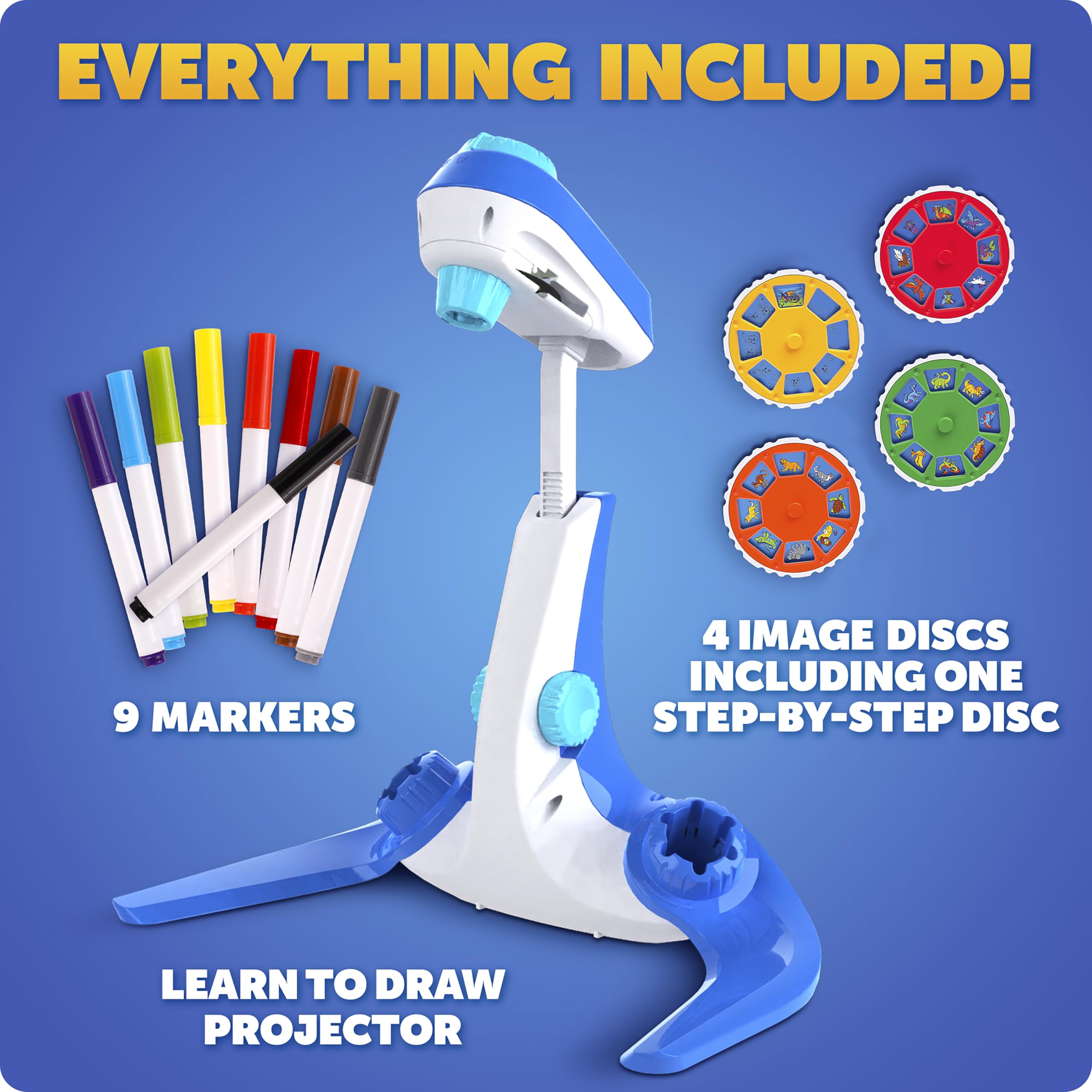 Everything Included!

9 Markers

4 Image Discs Including One Step-by-Step Disc

Learn to Draw Projector