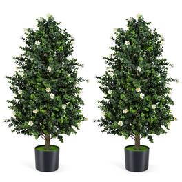Gymax - 2 Pack 36'' Artificial Topiary Cone Tree w/49 Flowers Cement-filled Planter Green & Purple & Black - White