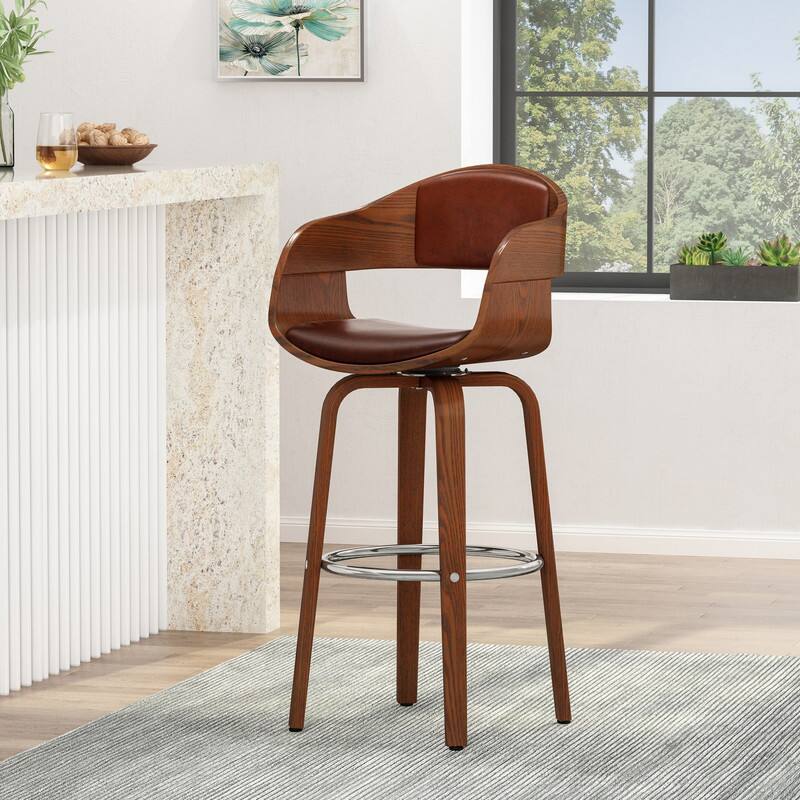 HTUTWOO - Mid-Century Modern Swivel Bar Stool, Walnut Wood Veneer Frame with Footrest, Leather Upholstery for Kitchen, Island, Bar - Brown