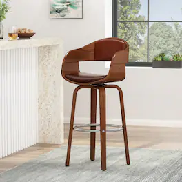 HTUTWOO - Mid-Century Modern Swivel Bar Stool, Walnut Wood Veneer Frame with Footrest, Leather Upholstery for Kitchen, Island, Bar - Brown
