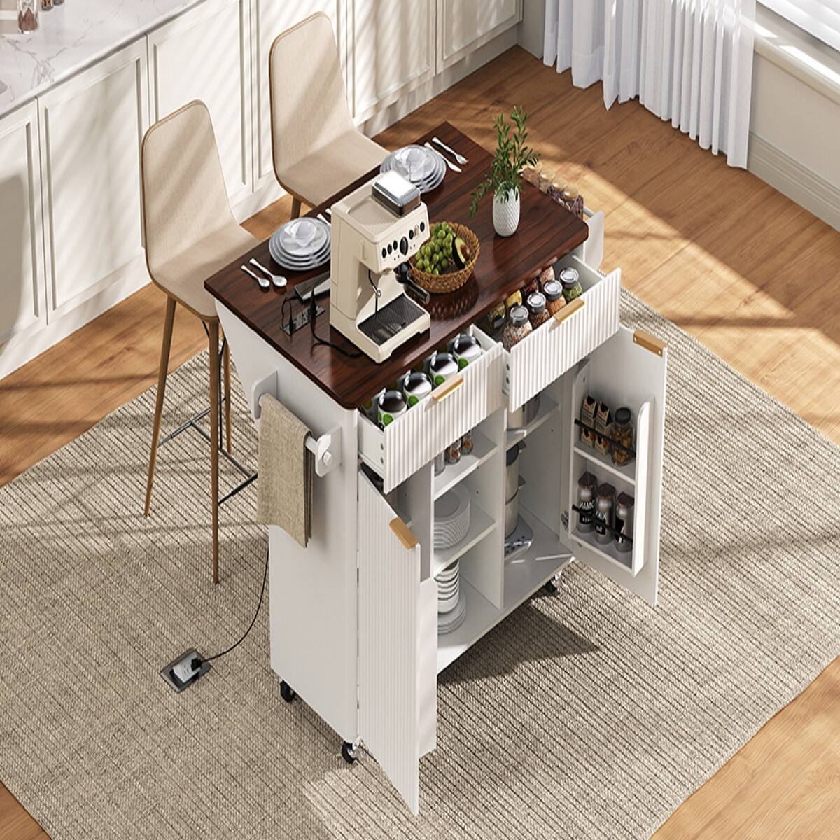 Alt View 9. Loheer - Loheer 52-Inch White Kitchen Island with Drop Leaf, Walnut Top, Rolling Kitchen Island with Storage and Power Outlet - White.