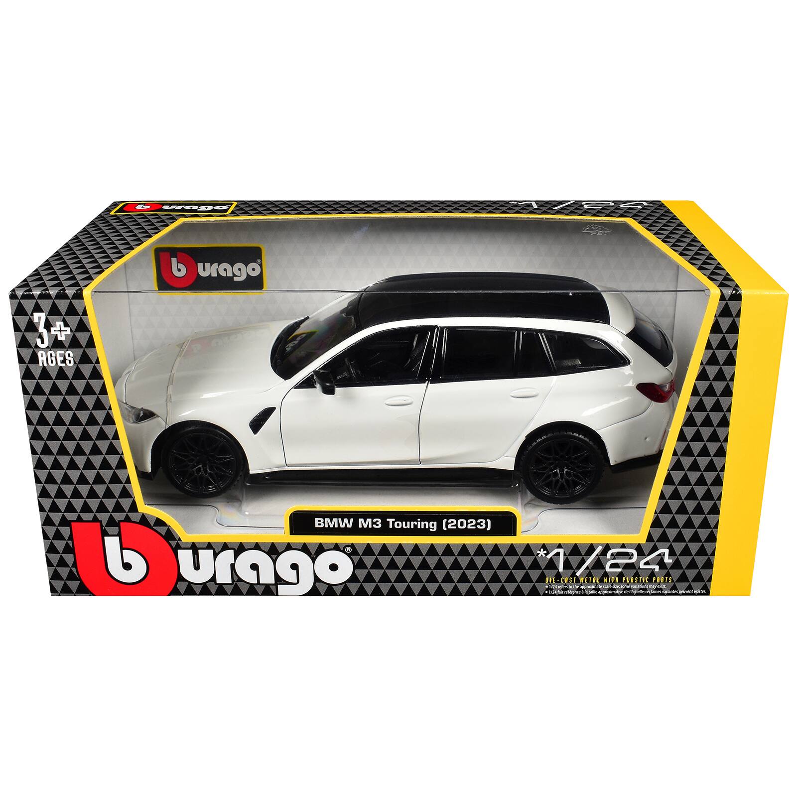 Burago  
1/44  
d urago  
3+ AGES  
BMW M3 Touring (2023) b urago 1/24 DIE-CAST METAL WITH PUBLIC PARTS  
one approxim encial F stair. - apon quer