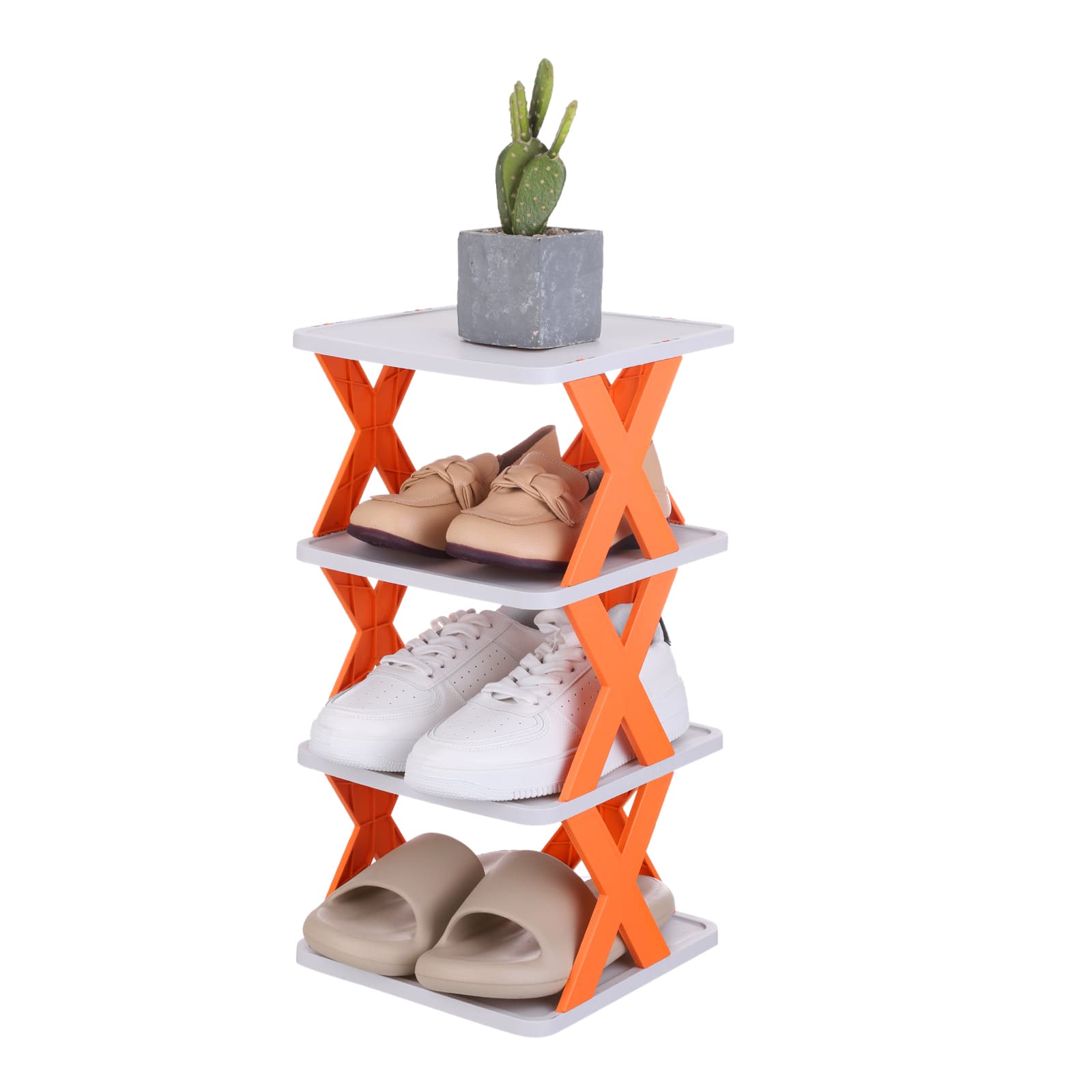 Unique Bargains - 4-Tier Plastic Shoe Rack, Vertical Stackable Folding Narrow Shelf for Closet Entryway Garage - Orange/White