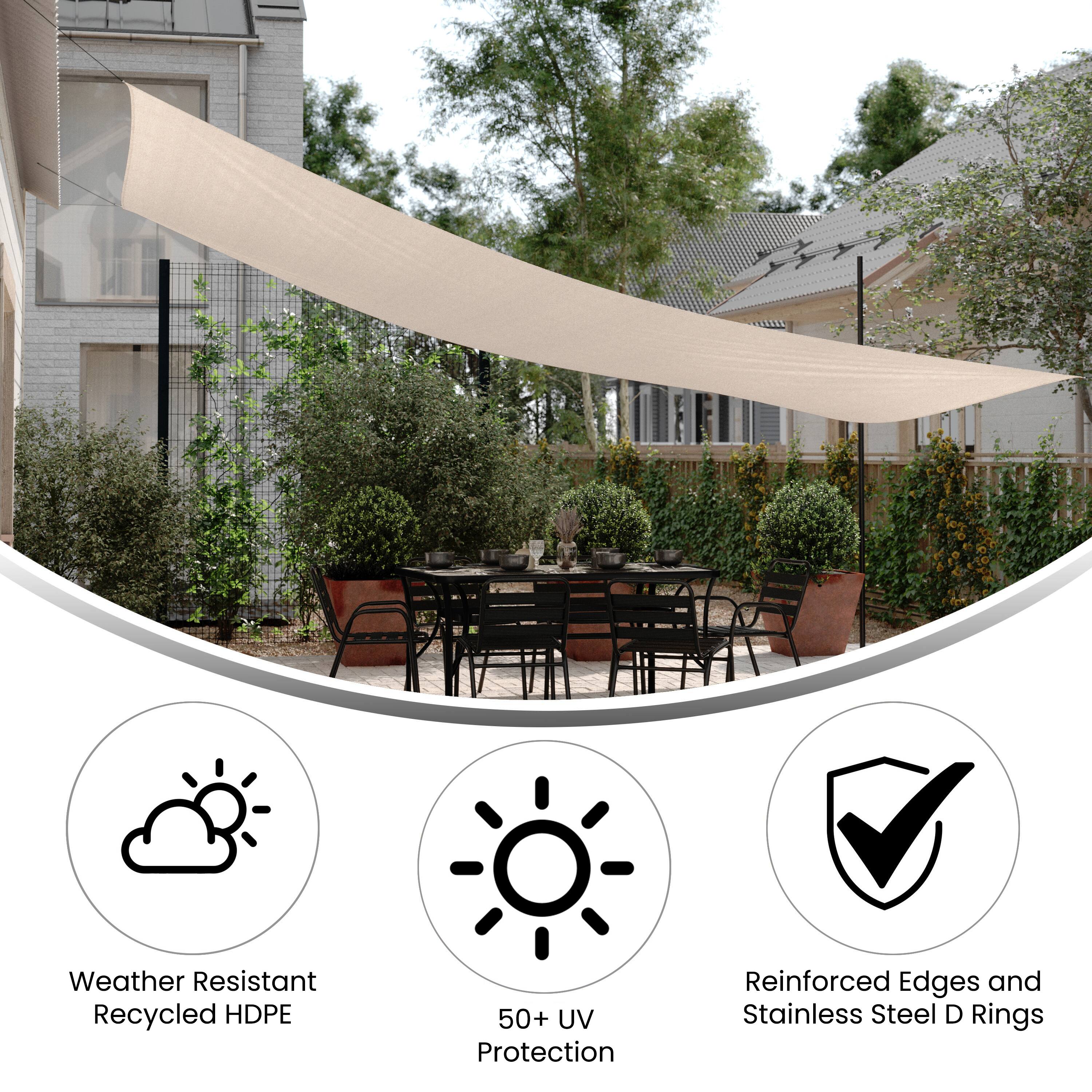 Weather Resistant Recycled HDPE  
50+ UV Protection  
Reinforced Edges and Stainless Steel D Rings