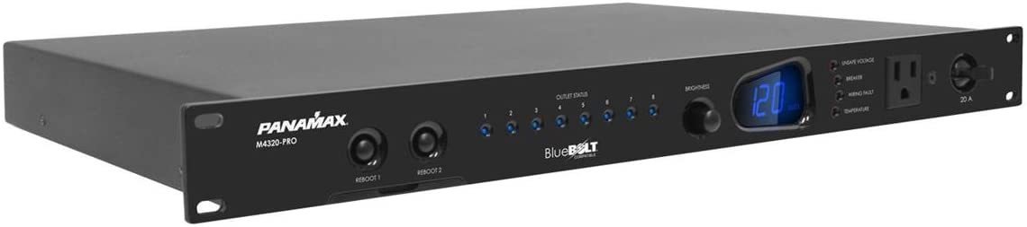 PANAMAX  
M4320-PRO  

BlueBOLT  

120 IN  
20A  

REBOOT 1  
REBOOT 2  

OUTLET STATUS  
1 2 3 4 5 6 7 8  

UPDATE VOLTAGE  
RESTART  
REBOOT MENU  
TEMPERATURE  

120 VAC