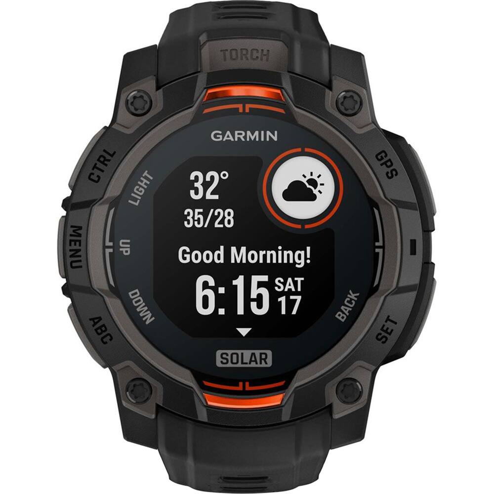 TORCH GARMIN CTRL GPS LIGHT 32 35/28 MENU UP Good Morning! SAT DOWN 6:15 17 BACK ABC SET SOLAR
