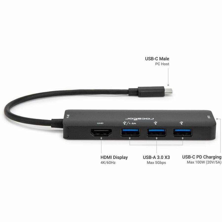 USB-C Male PC Host  
HDMI Display 4K/60Hz  
USB-A 3.0 X3 Max 5Gbps  
USB-C PD Charging Max 100W (20V/5A)