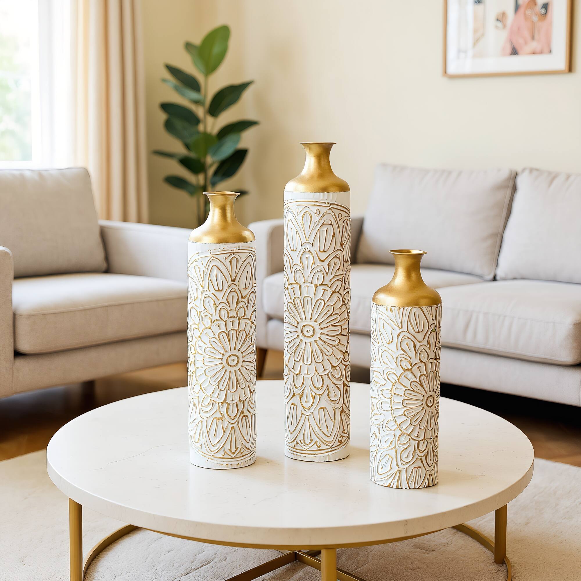 Back. Anysun - Modern Droplet Shape White Metal Floor Vase 3-Piece Set - Glazed Finish for Home Decoration - White.