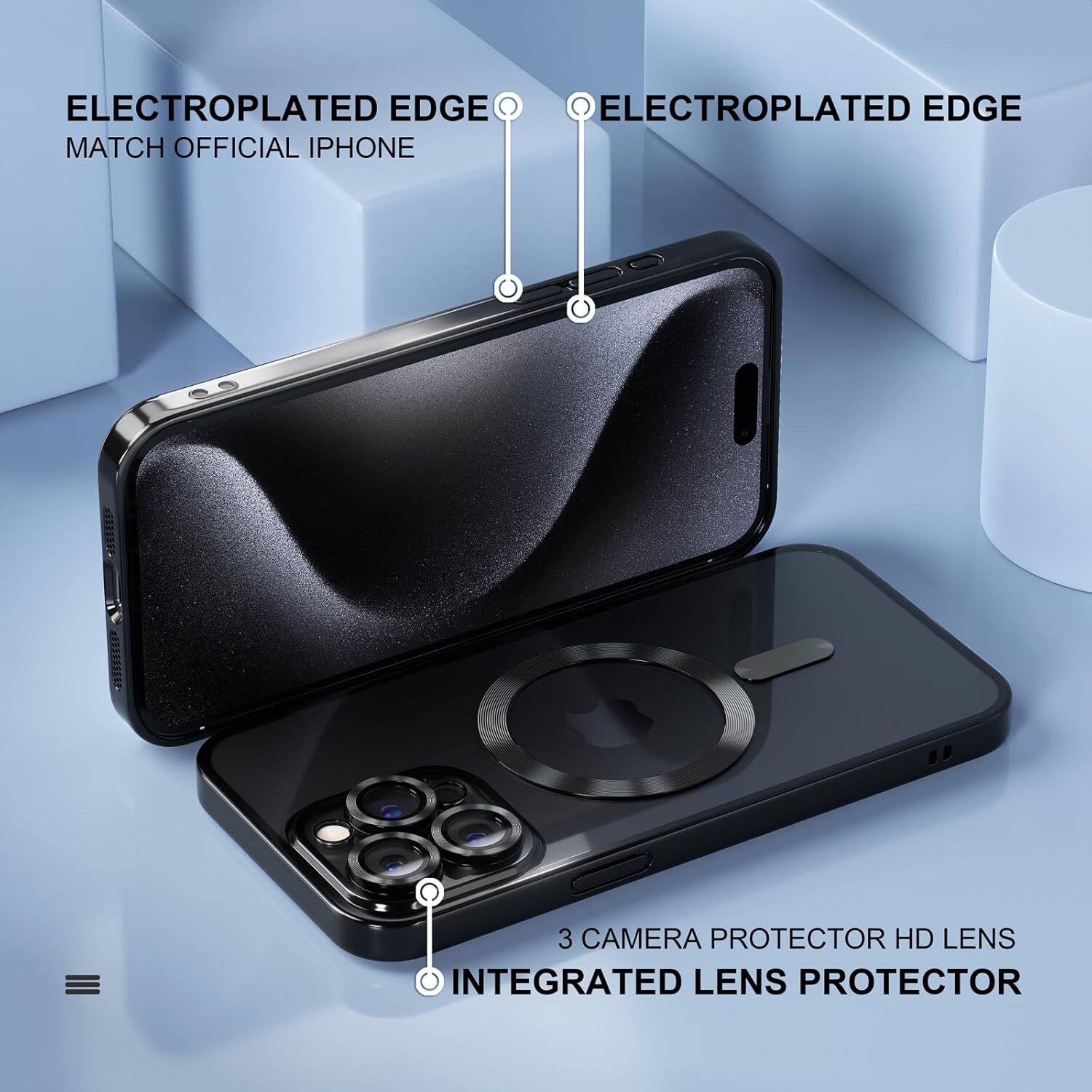 ELECTROPLATED EDGE, ELECTROPLATED EDGE, MATCH OFFICIAL IPHONE, 3 CAMERA PROTECTOR HD LENS, INTEGRATED LENS PROTECTOR
