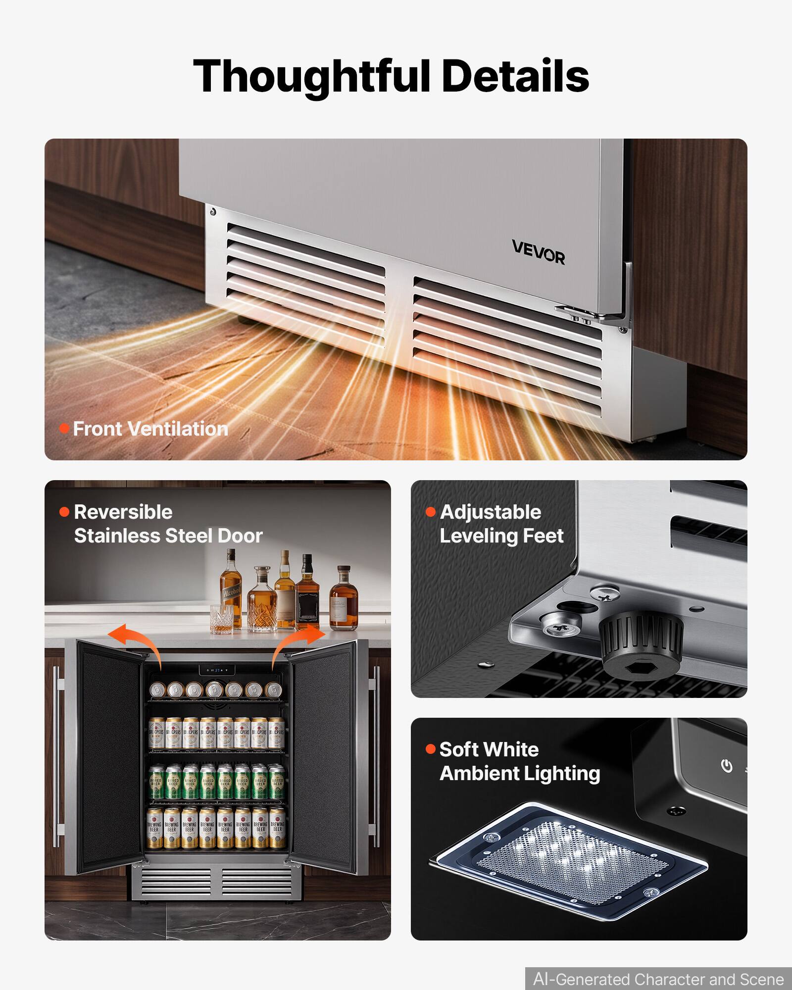 Thoughtful Details

VEVOR

- Front Ventilation
- Reversible Stainless Steel Door
- Adjustable Leveling Feet
- Soft White Ambient Lighting

AI-Generated Character and Scene
