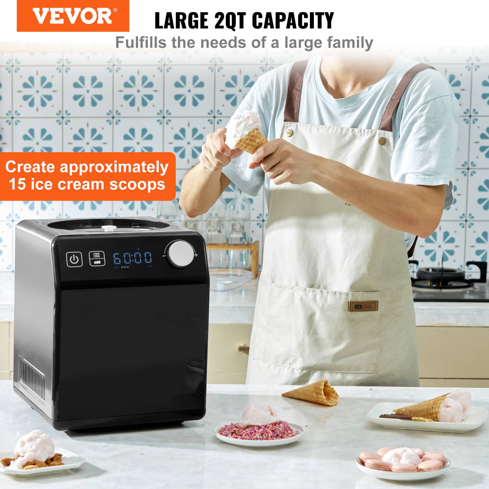 VEVOR  
LARGE 2QT CAPACITY  
Fulfills the needs of a large family  

Create approximately 15 ice cream scoops  

60:00