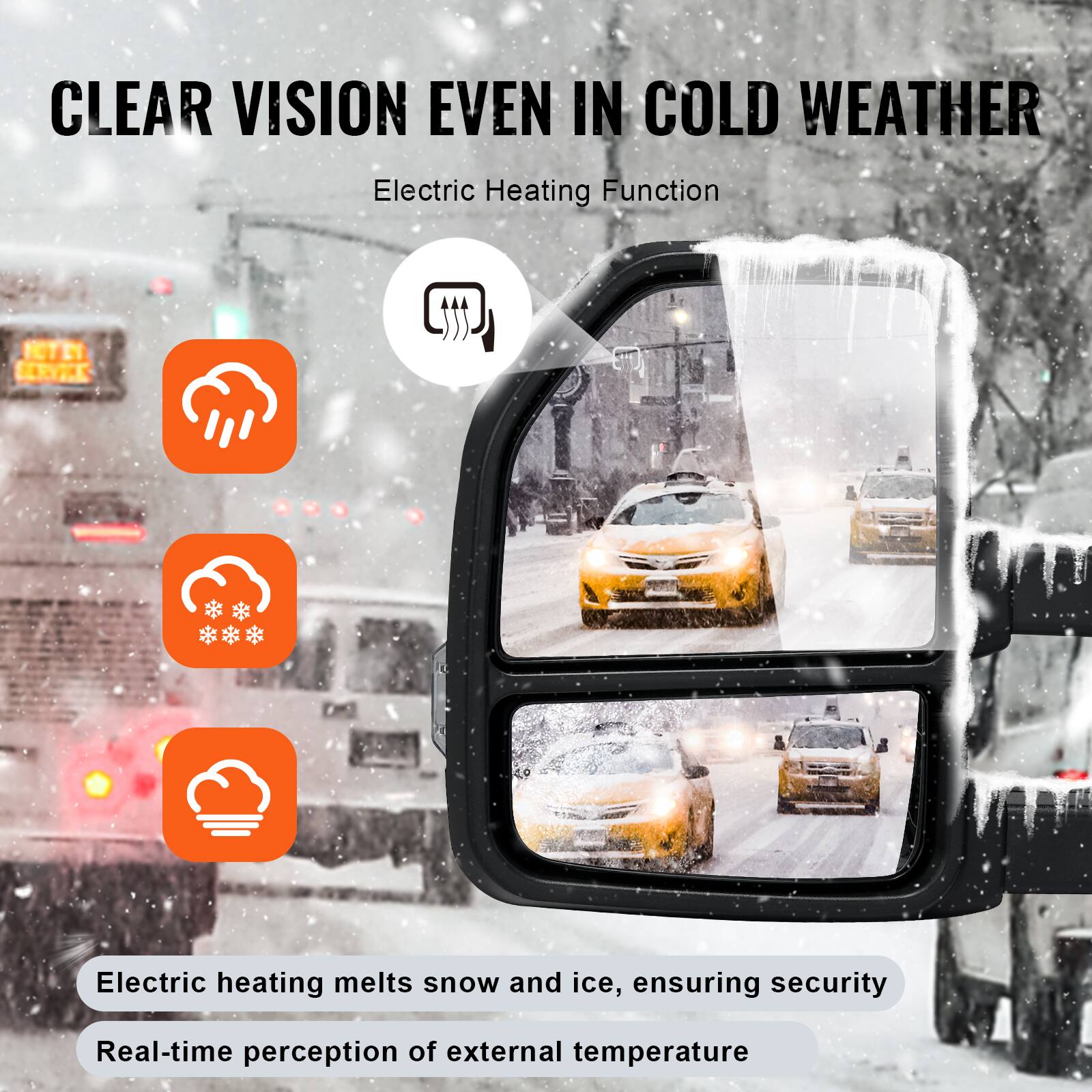 CLEAR VISION EVEN IN COLD WEATHER

Electric Heating Function

Electric heating melts snow and ice, ensuring security

Real-time perception of external temperature
