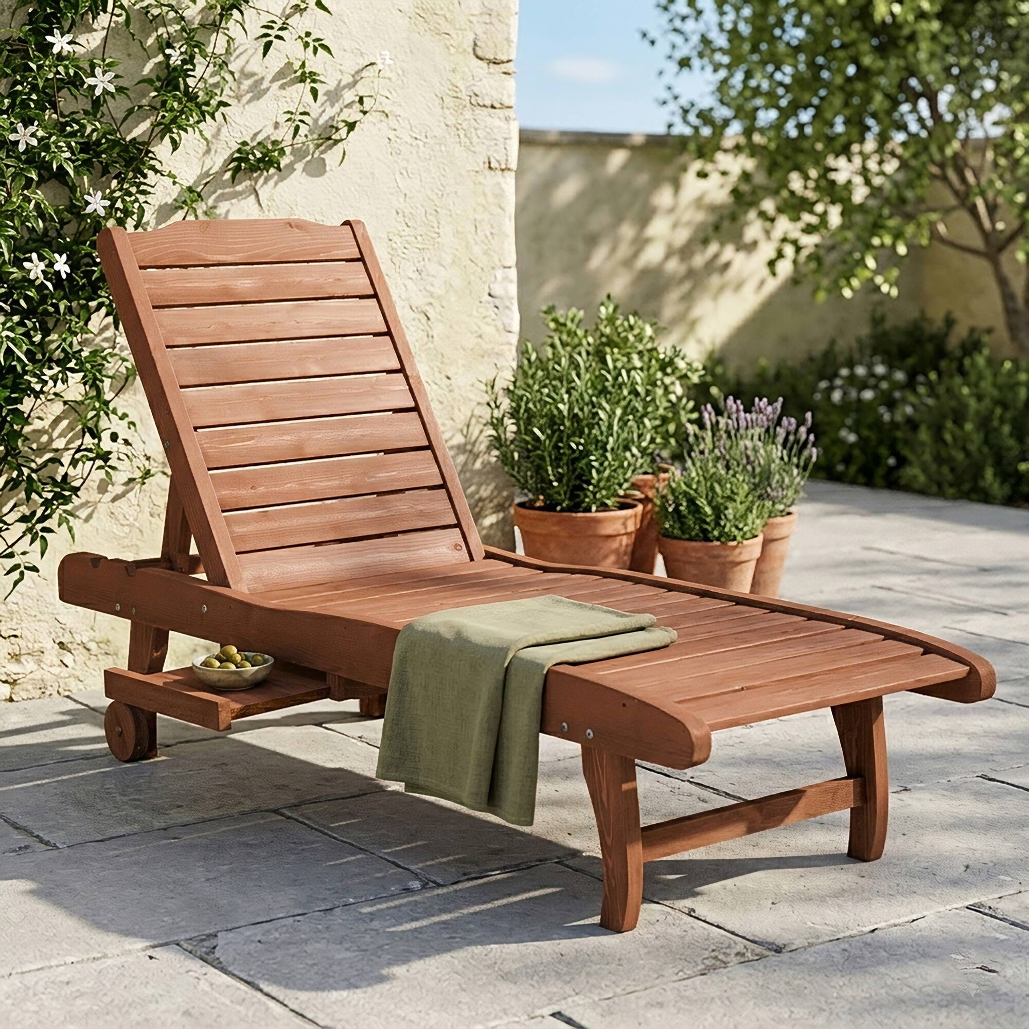 Alt View 7. Outsunny - Chaise Lounge Chair Outdoor Wooden Pool Lounge Chair with 3-level Adjustable Backrest, Built-In Table and Rolling Wheel - Brown Red.