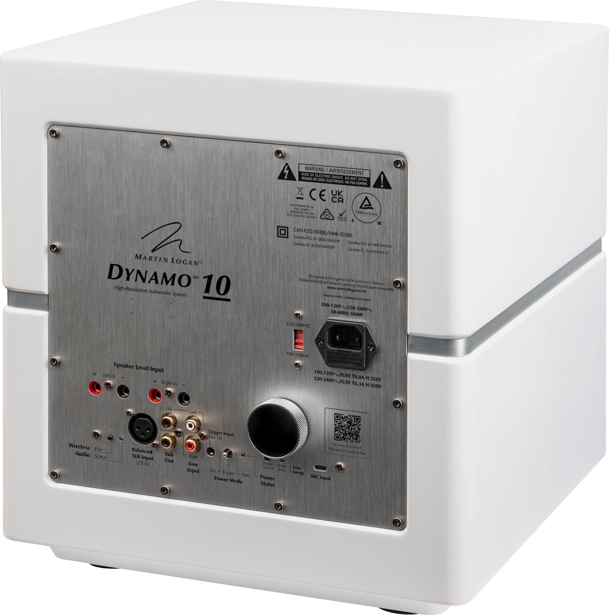 The image features a white box with the text "Dynamo 10" on it. The box is a high-apolition subwoofer system, and it has a CE UK CA and CE CAN ES sticker on it. The box also has a warning label on it, and it is designed for use with a Martin Logan speaker. The box has a speaker level input, and it is powered by AC 100-130V or 239-240V. The box is made of pure metal and is designed to be wireless.