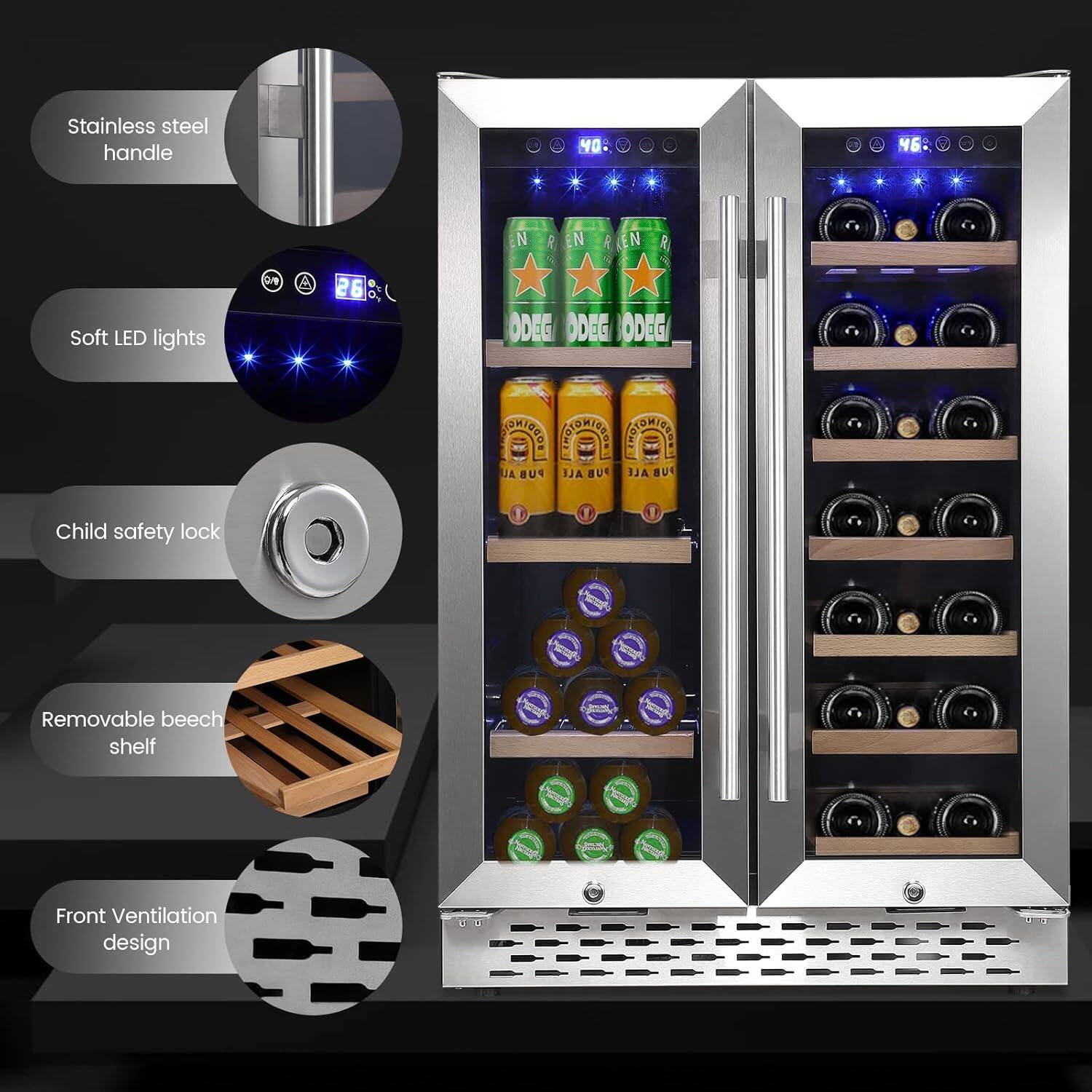 Stainless steel handle  
Soft LED lights  
Child safety lock  
Removable beech shelf  
Front Ventilation design