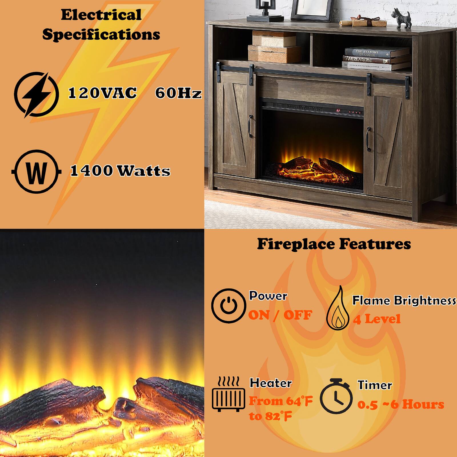 **Electrical Specifications**  
- 120VAC  
- 60Hz  
- 1400 Watts  

**Fireplace Features**  
- Power: ON / OFF  
- Flame Brightness: 4 Level  
- Heater: From 64°F to 82°F  
- Timer: 0.5 ~ 6 Hours