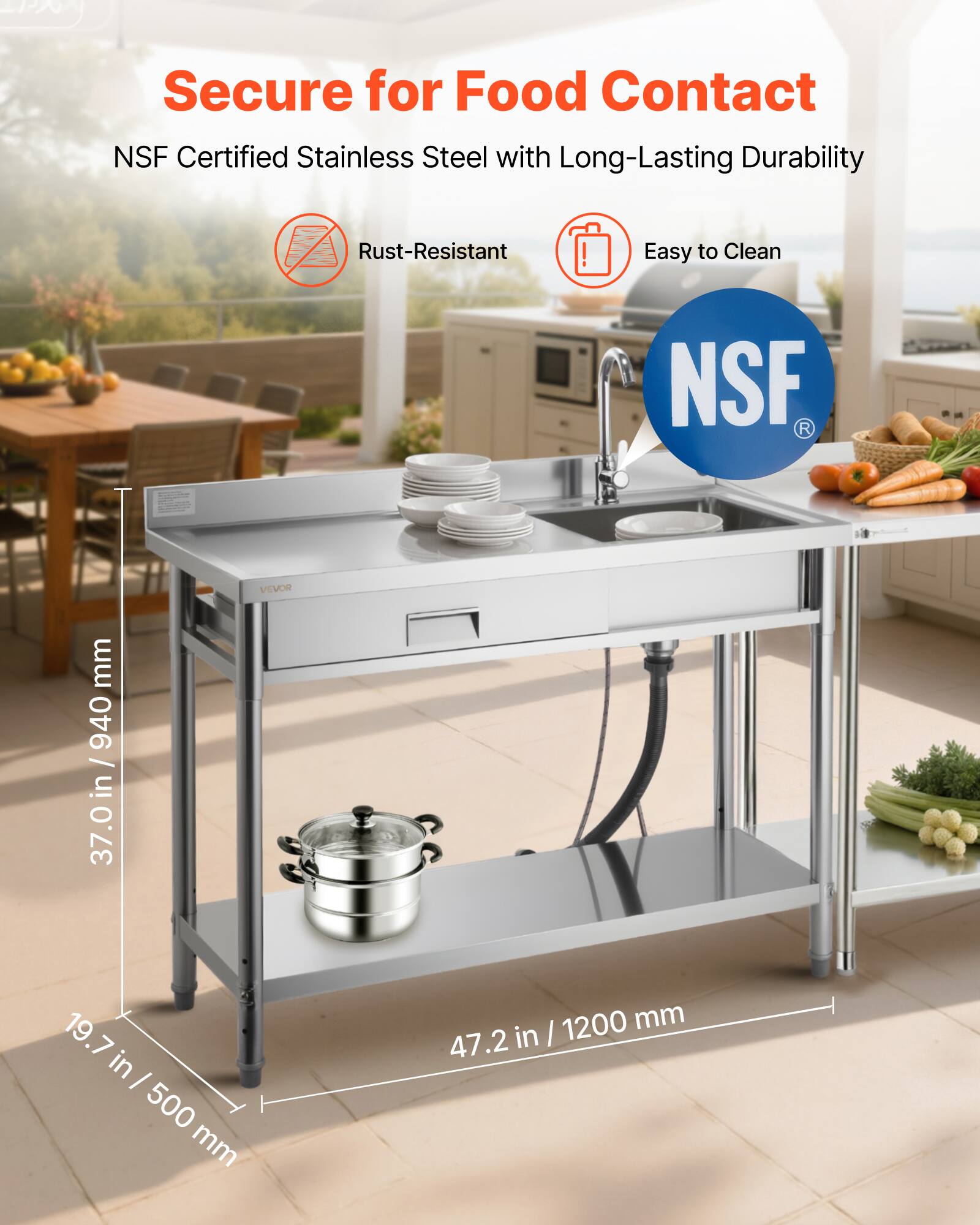 Sure, here is the corrected and grouped text from the image:

---

**Secure for Food Contact**

- NSF Certified Stainless Steel with Long-Lasting Durability
- Rust-Resistant
- Easy to Clean

**Dimensions:**
- 37.0 in / 940 mm
- 19.7 in / 500 mm
- 47.2 in / 1200 mm

**NSF Certified**

---