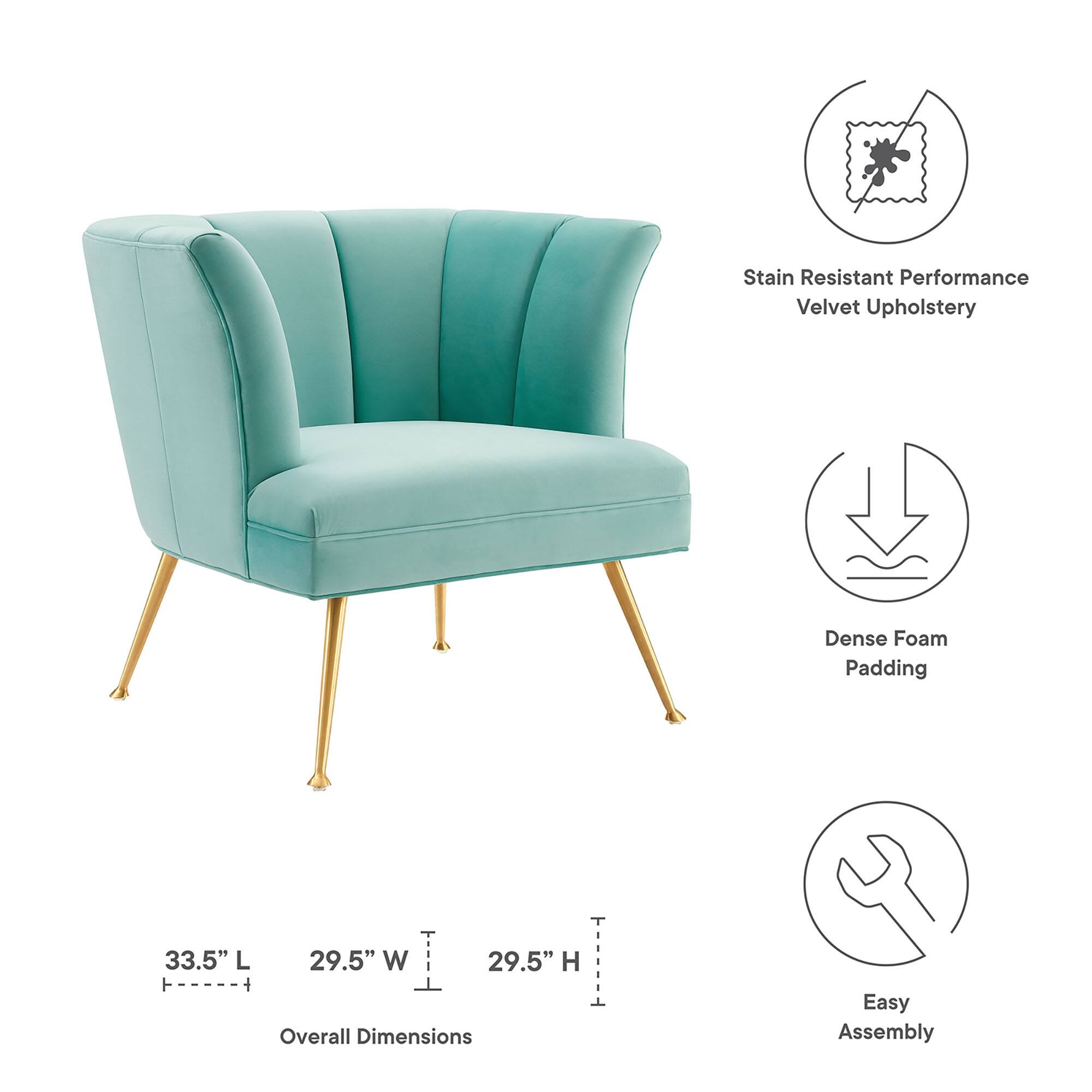 - Stain Resistant Performance Velvet Upholstery
- Dense Foam Padding
- Overall Dimensions: 33.5" L x 29.5" W x 29.5" H
- Easy Assembly