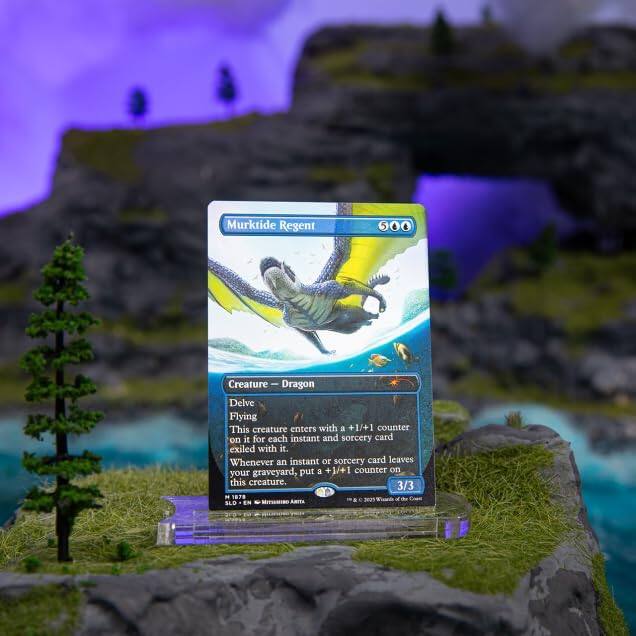 Murktide Regent  
Creature - Dragon  
500  
Delve  
Flying  
This creature enters with a +1/+1 counter on it for each instant and sorcery card exiled with it. Whenever an instant or sorcery card leaves your graveyard, put a +1/+1 counter on this creature.  
3/3  
107  
SLO