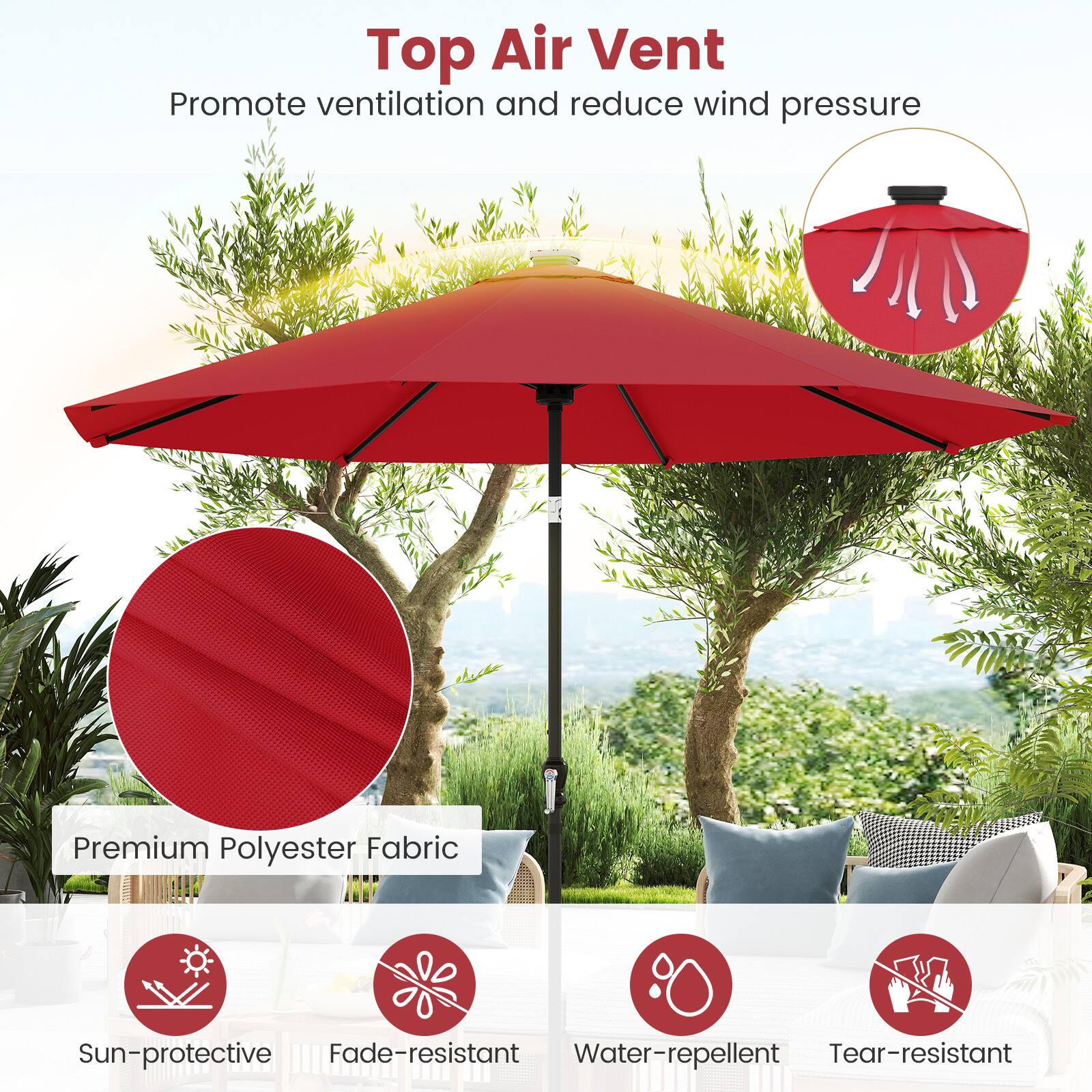 Top Air Vent  
Promote ventilation and reduce wind pressure  

Premium Polyester Fabric  
Sun-protective  
Fade-resistant  
Water-repellent  
Tear-resistant