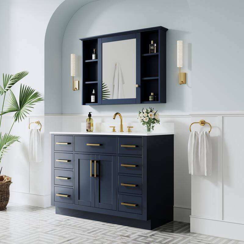 Angle. WELLFOR - 48" Solid Wood Bathroom Vanity with Sink, 2 Soft-Close Doors, 9 Drawers& Cultured Marble Countertop - Navy Blue.