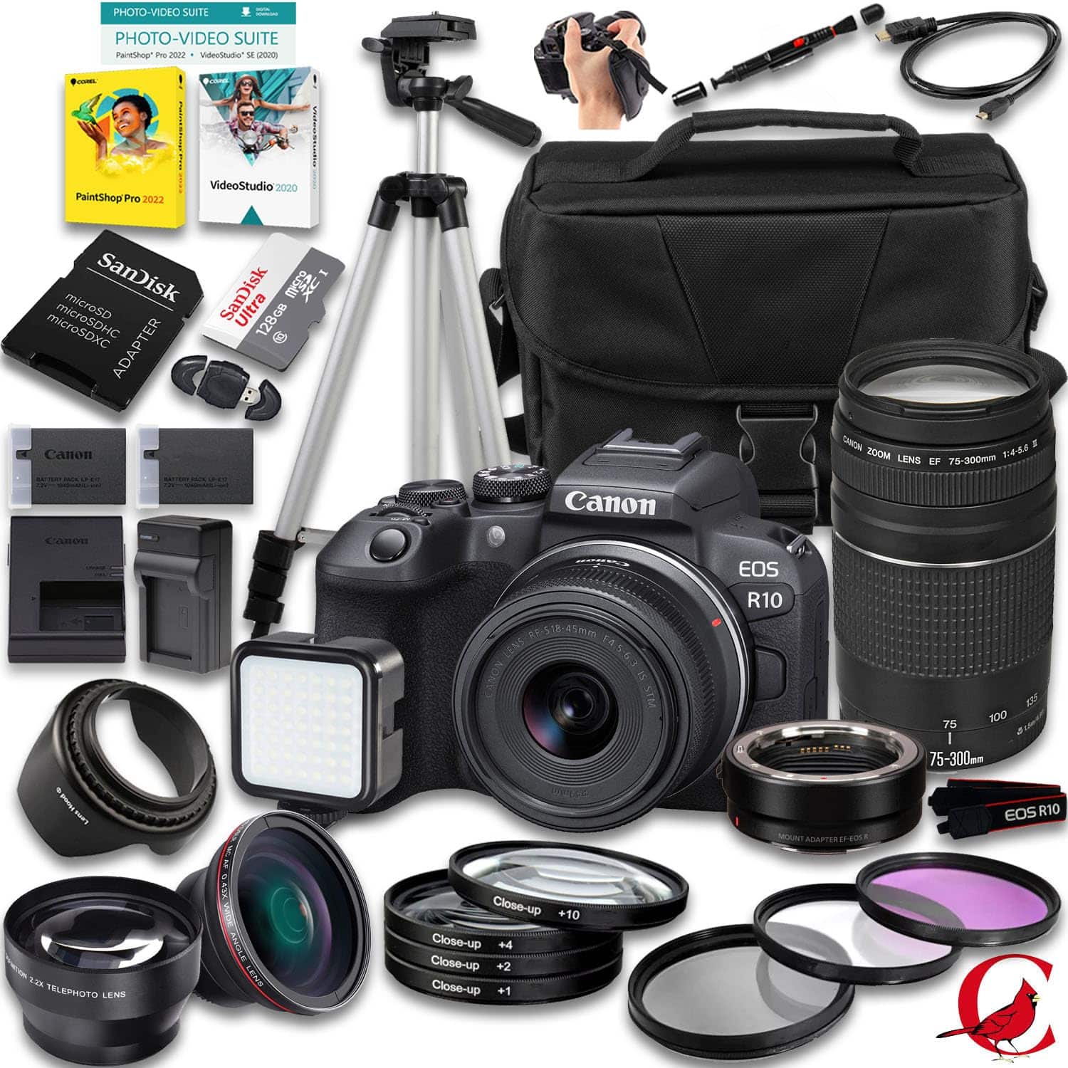 Canon - EOS R10 Mirrorless Camera with 18-45mm f/4.5-6.3 IS STM And 75-300mm f/4-5.6 Lens + Mount Adapter EF-EOS R + 128GB - Black
