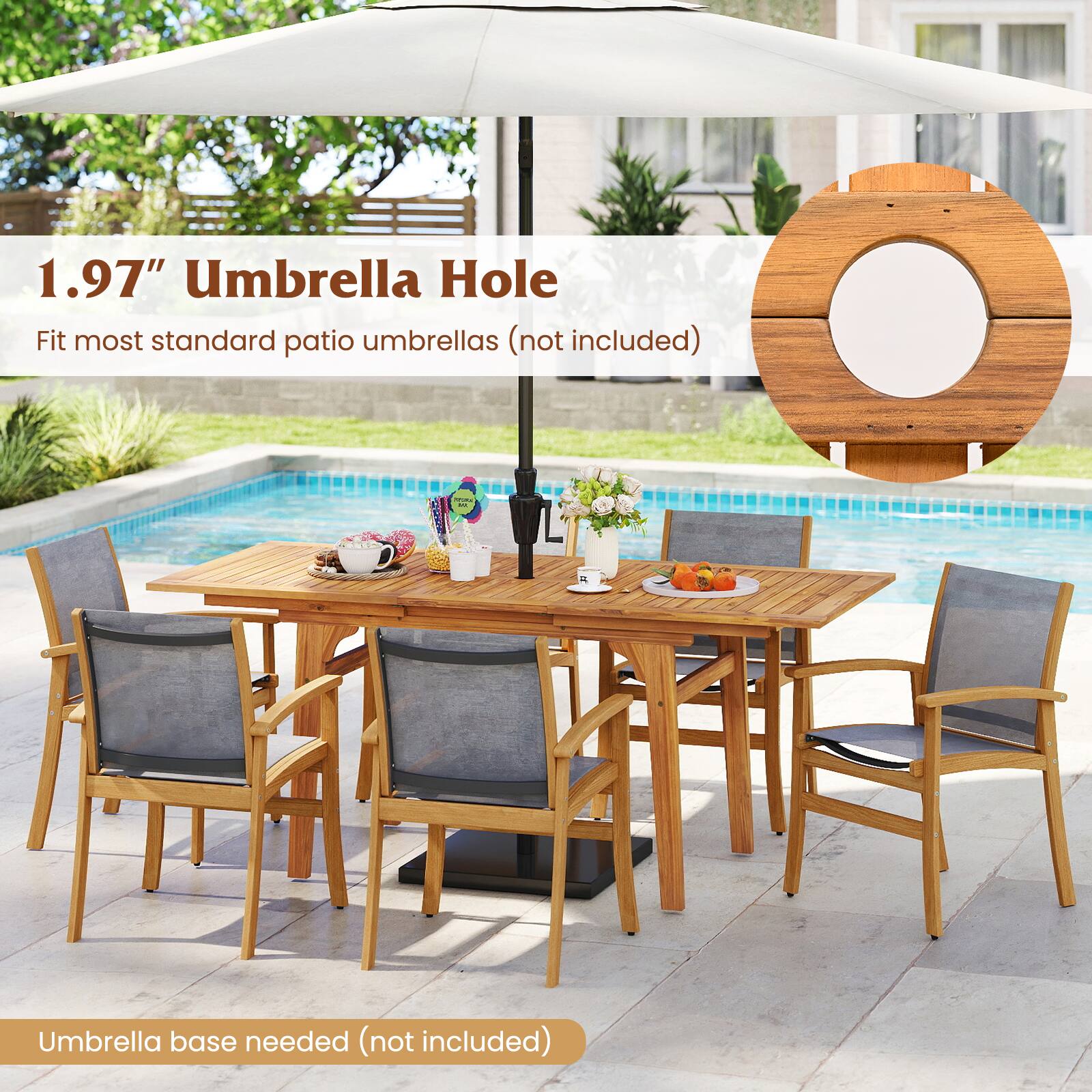 1.97" Umbrella Hole: Fits most standard patio umbrellas (not included). Additional umbrella base needed (not included).