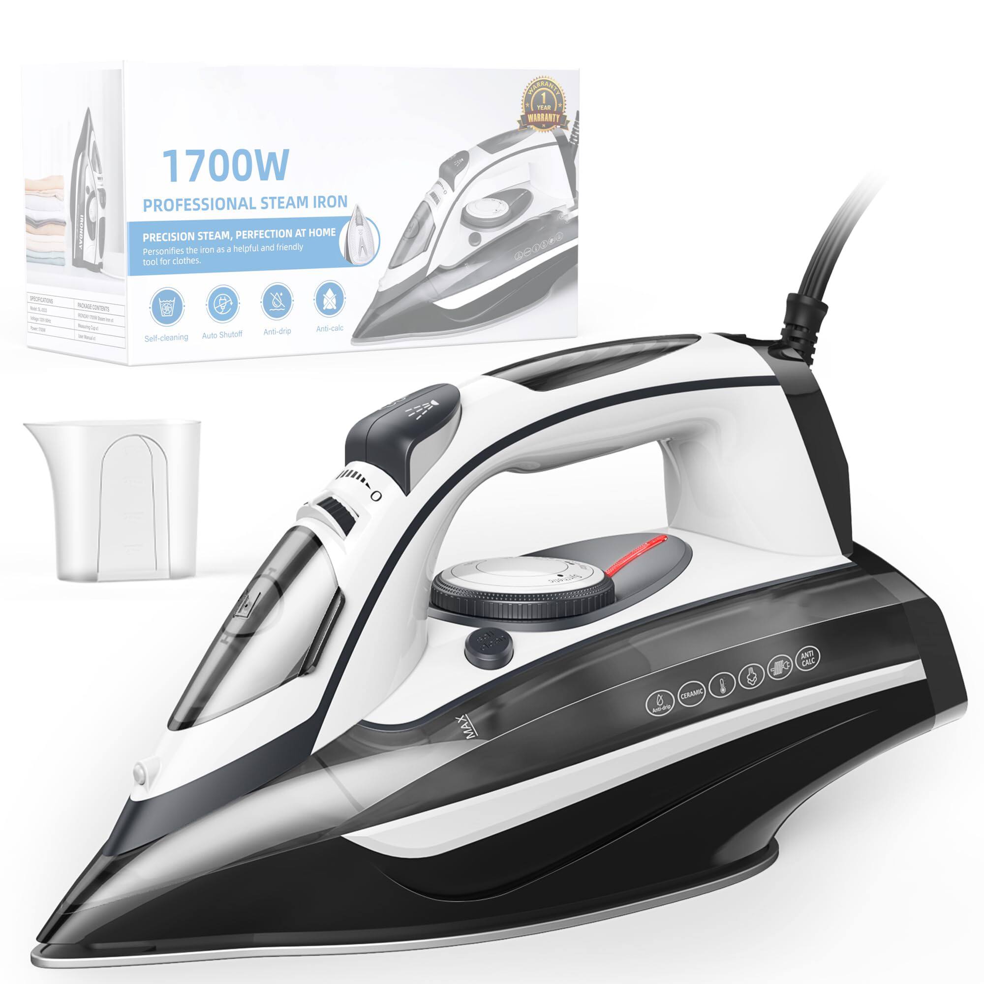 GlowWise - 1700W Fast Heating Steam Iron – Ceramic Non-Stick Soleplate, 3-Way Auto-Off, Burst Steam & Self-Clean, 14oz Tank - Gray