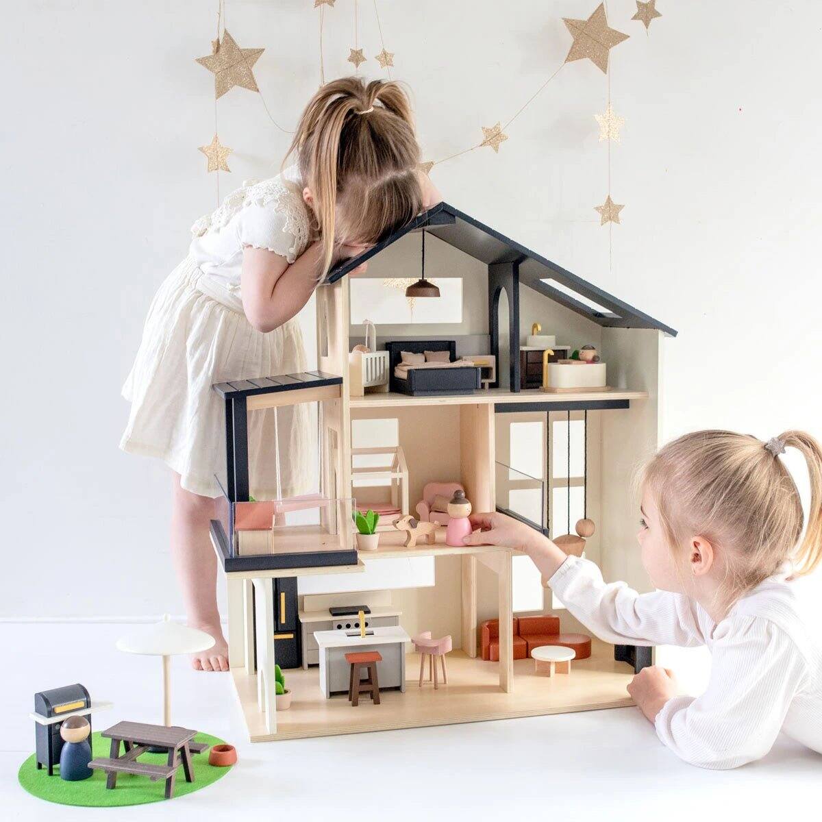 Left. Tiny Land - Kids Dollhouse with 6 Play Areas, Modern Woodend Pretend Play House, Dollhouse Furniture & Imaginative Play Toy - Black.