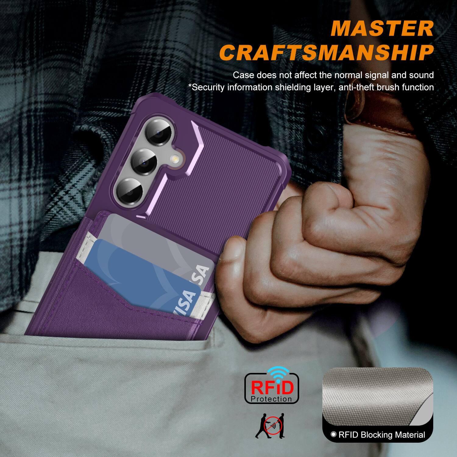 MASTER CRAFTSMANSHIP  
Case does not affect the normal signal and sound  
*Security information shielding layer, anti-theft brush function  

RFID Protection  
RFID Blocking Material
