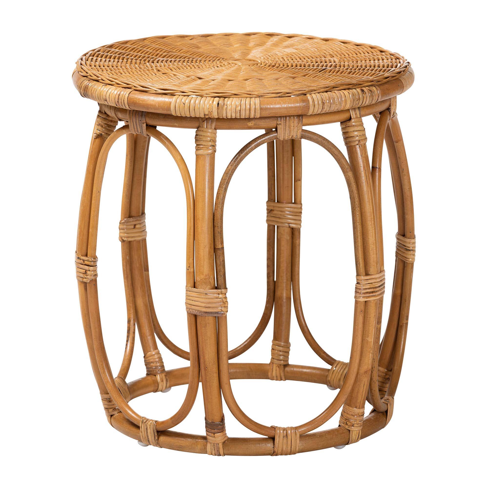 Front. bali & pari - Jayana Natural Rattan Round End Table - Handwoven Wicker Accent Table with Open Frame Base, Lightweight Coastal - Light Honey.