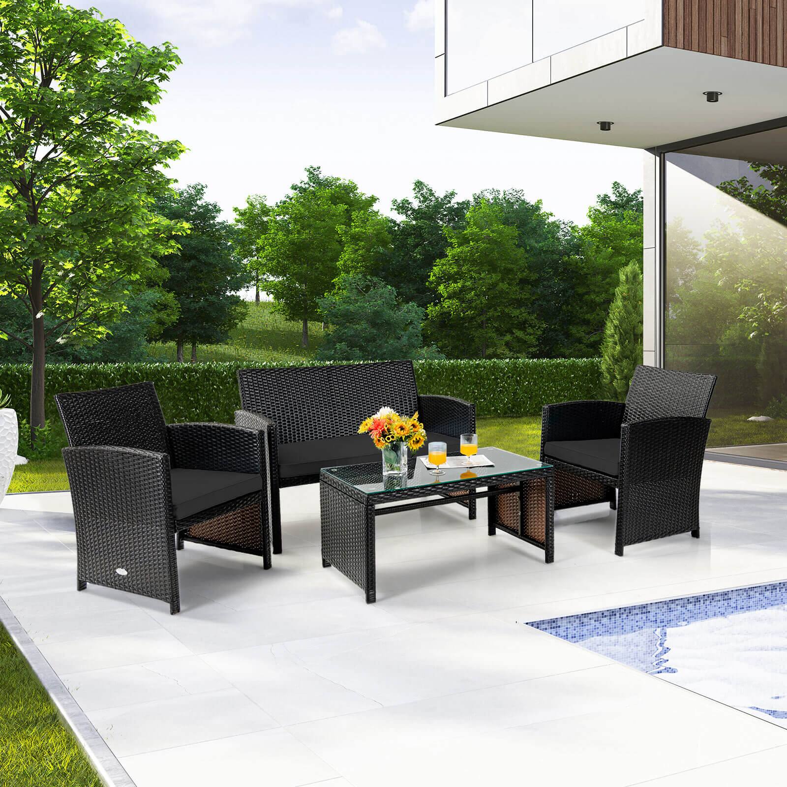 Alt View 1. Costway - Costway 4PCS Patio Rattan Furniture Set Cushioned Chair Sofa Table - Black.