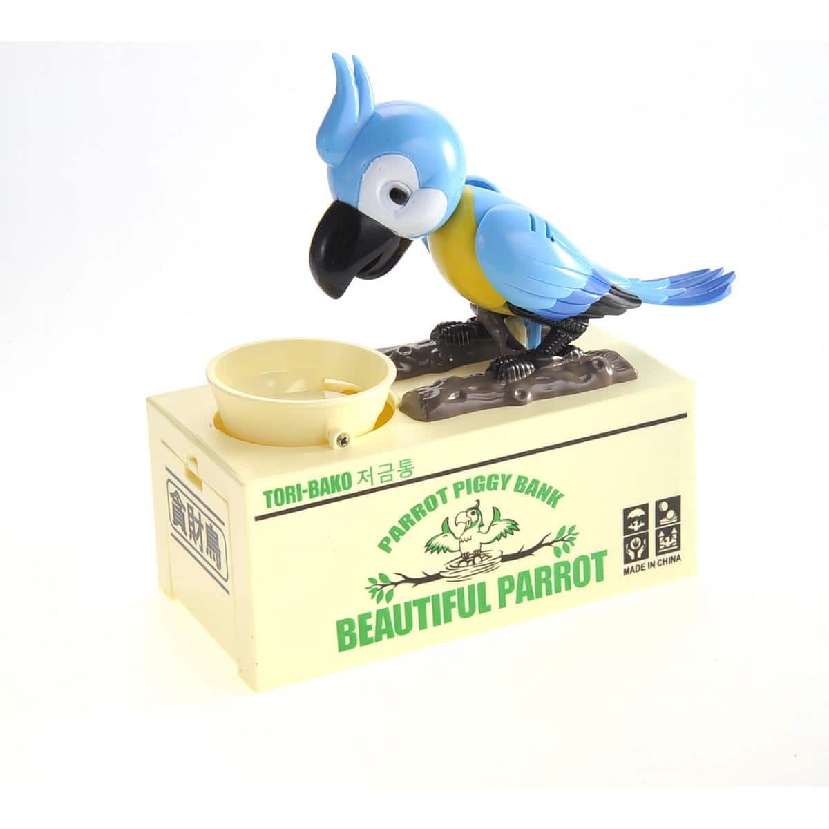 JuzToys - Parrot Coin Bank Box, Electric Money Box for Kids, Parrot Shape Money Saving Box Electronic Piggy Bank Robotic Toy - Blue
