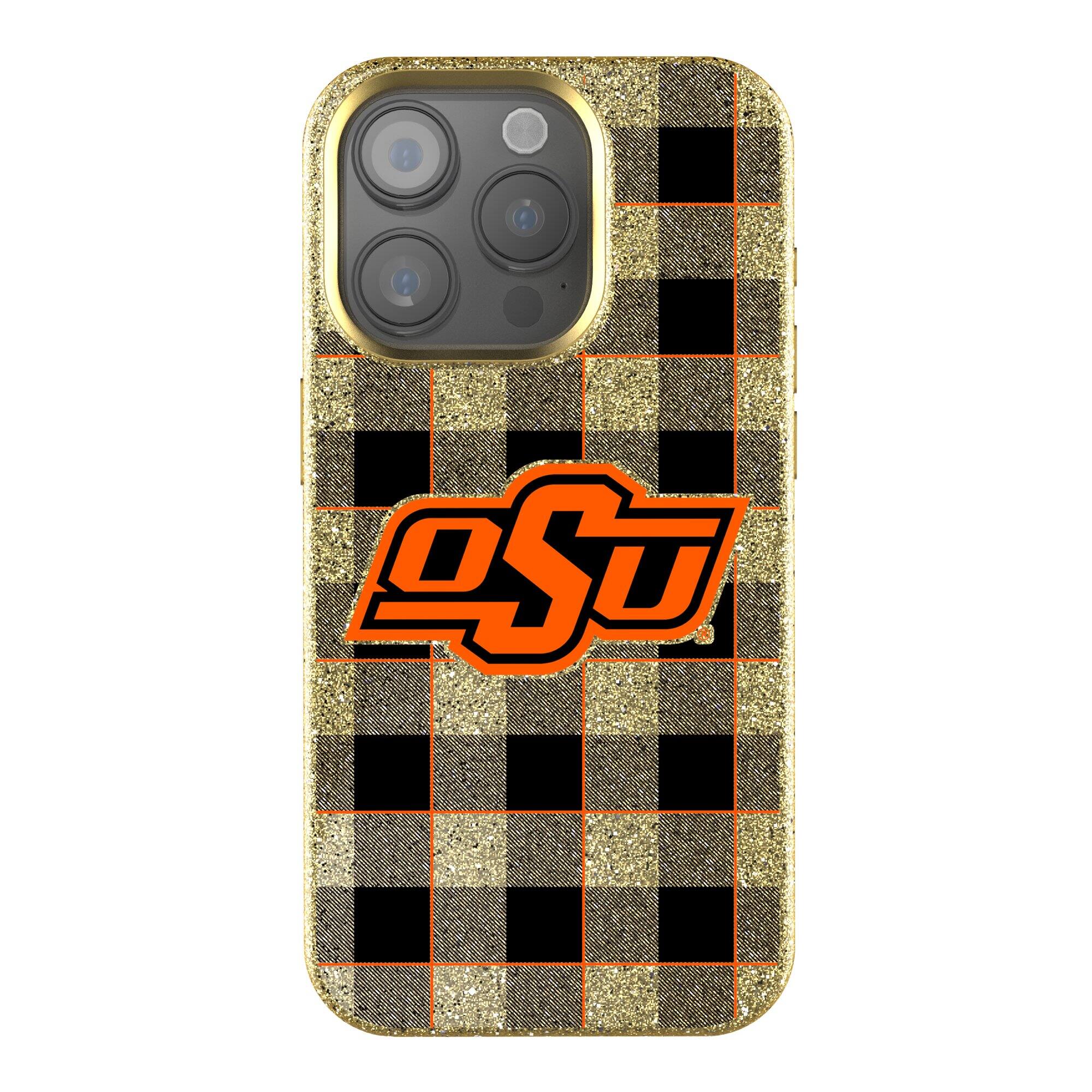 Front. Keyscaper - Oklahoma State Cowboys Plaid Bling iPhone Case - 16 Pro Max - Gold.