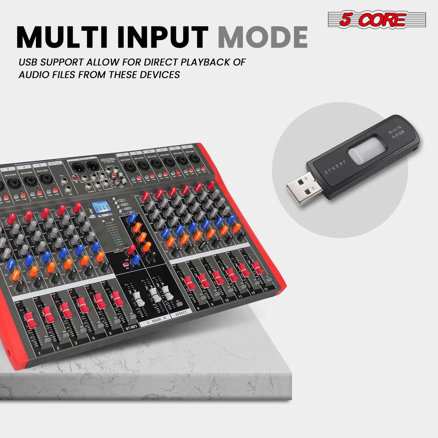 MULTI INPUT MODE

USB SUPPORT ALLOW FOR DIRECT PLAYBACK OF AUDIO FILES FROM THESE DEVICES

5 CORE
