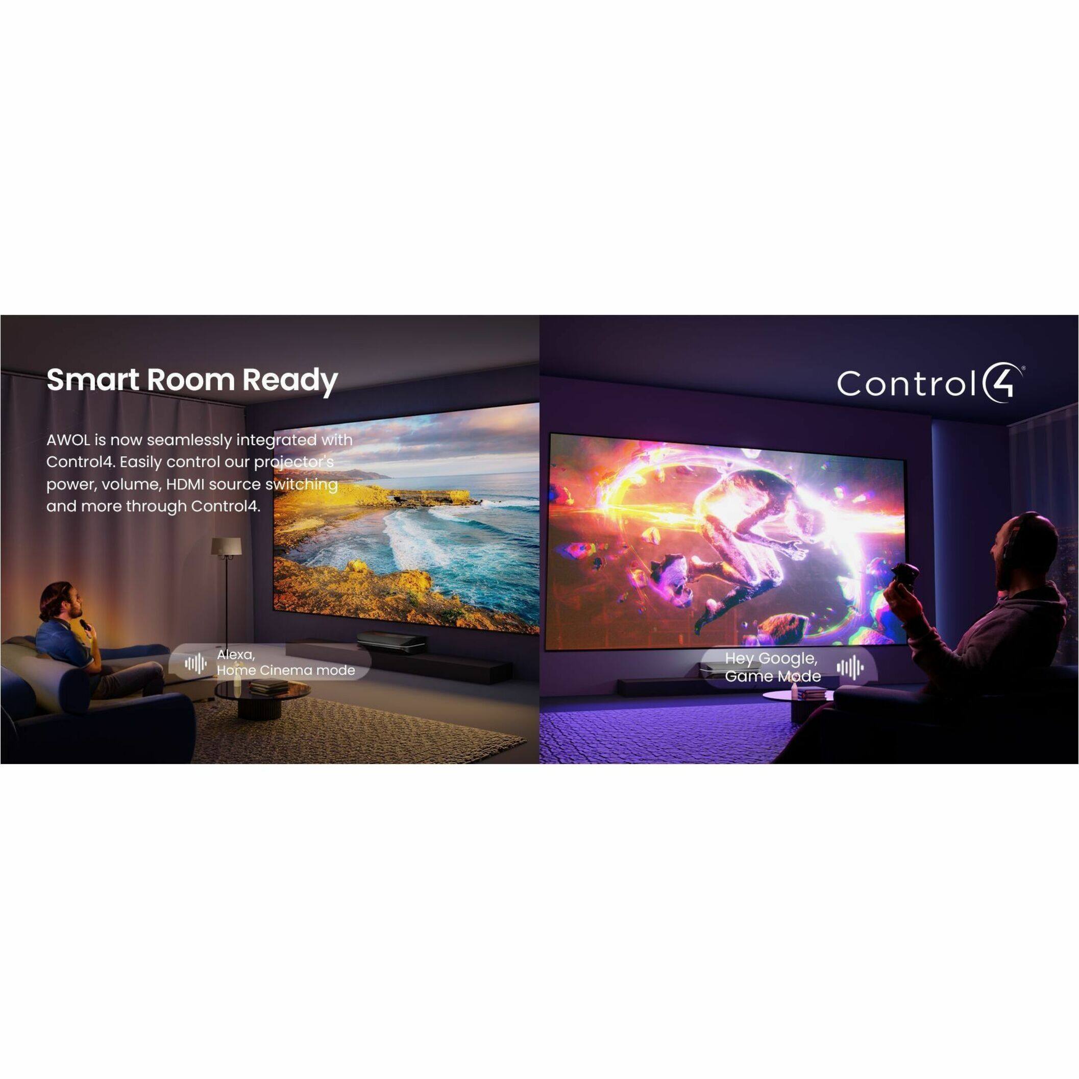 The image features a man sitting in a living room, watching a large screen TV. The TV is prominently displayed in the scene, showcasing the capabilities of the Smart Room Ready Control 4 system. The man is holding a remote, likely controlling the TV or other devices in the room. The room also includes a couch and a chair, providing comfortable seating options for the viewer.