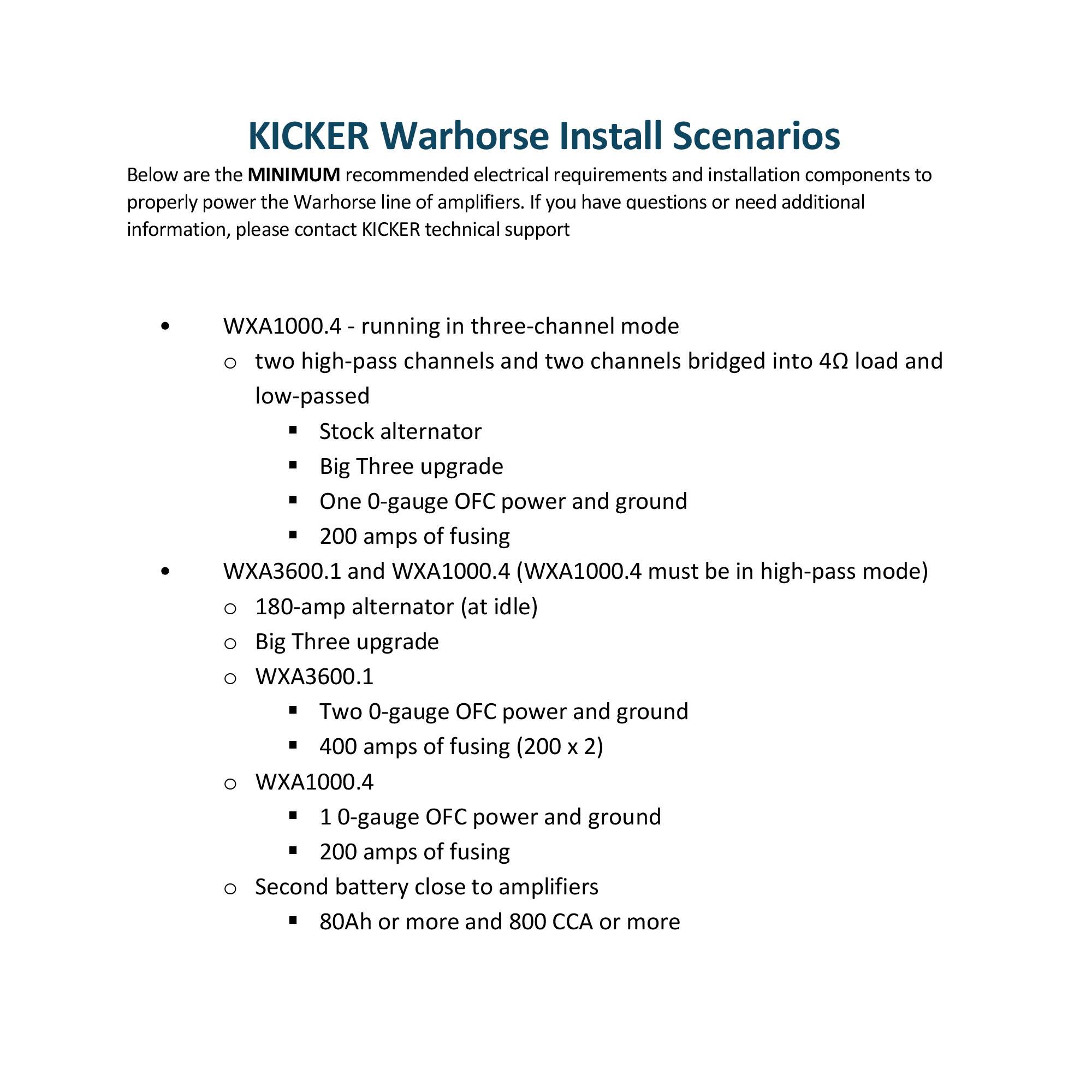 KICKER Warhorse Install Scenarios

Below are the MINIMUM recommended electrical requirements and installation components to properly power the Warhorse line of amplifiers. If you have questions or need additional information, please contact KICKER technical support

- WXA1000.4 - running in three-channel mode
  - two high-pass channels and two channels bridged into 4Ω load and low-passed
    - Stock alternator
    - Big Three upgrade
    - One 0-gauge OFC power and ground
    - 200 amps of fusing

- WXA3600.1 and WXA1000.4 (WXA1000.4 must be in high-pass mode)
  - 180-amp alternator (at idle)
  - Big Three upgrade
  - WXA3600.1
    - Two 0-gauge OFC power and ground
    - 400 amps of fusing (200 x 2)
  - WXA1000.4
    - 1 0-gauge OFC power and ground
    - 200 amps of fusing
  - Second
