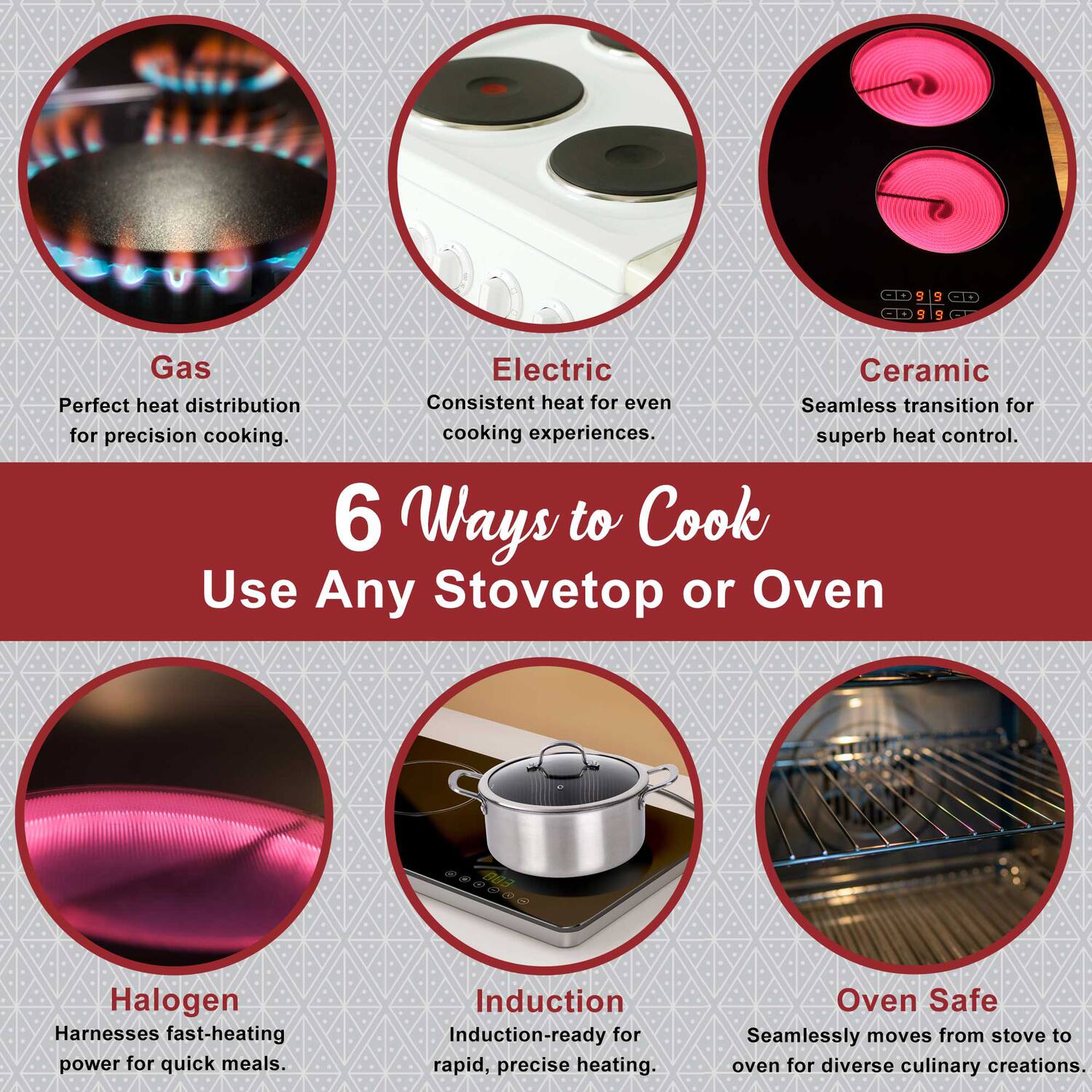 6 Ways to Cook  
Use Any Stovetop or Oven

Gas  
Perfect heat distribution for precision cooking.

Electric  
Consistent heat for even cooking experiences.

Ceramic  
Seamless transition for superb heat control.

Halogen  
Harnesses fast-heating power for quick meals.

Induction  
Induction-ready for rapid, precise heating.

Oven Safe  
Seamlessly moves from stove to oven for diverse culinary creations.
